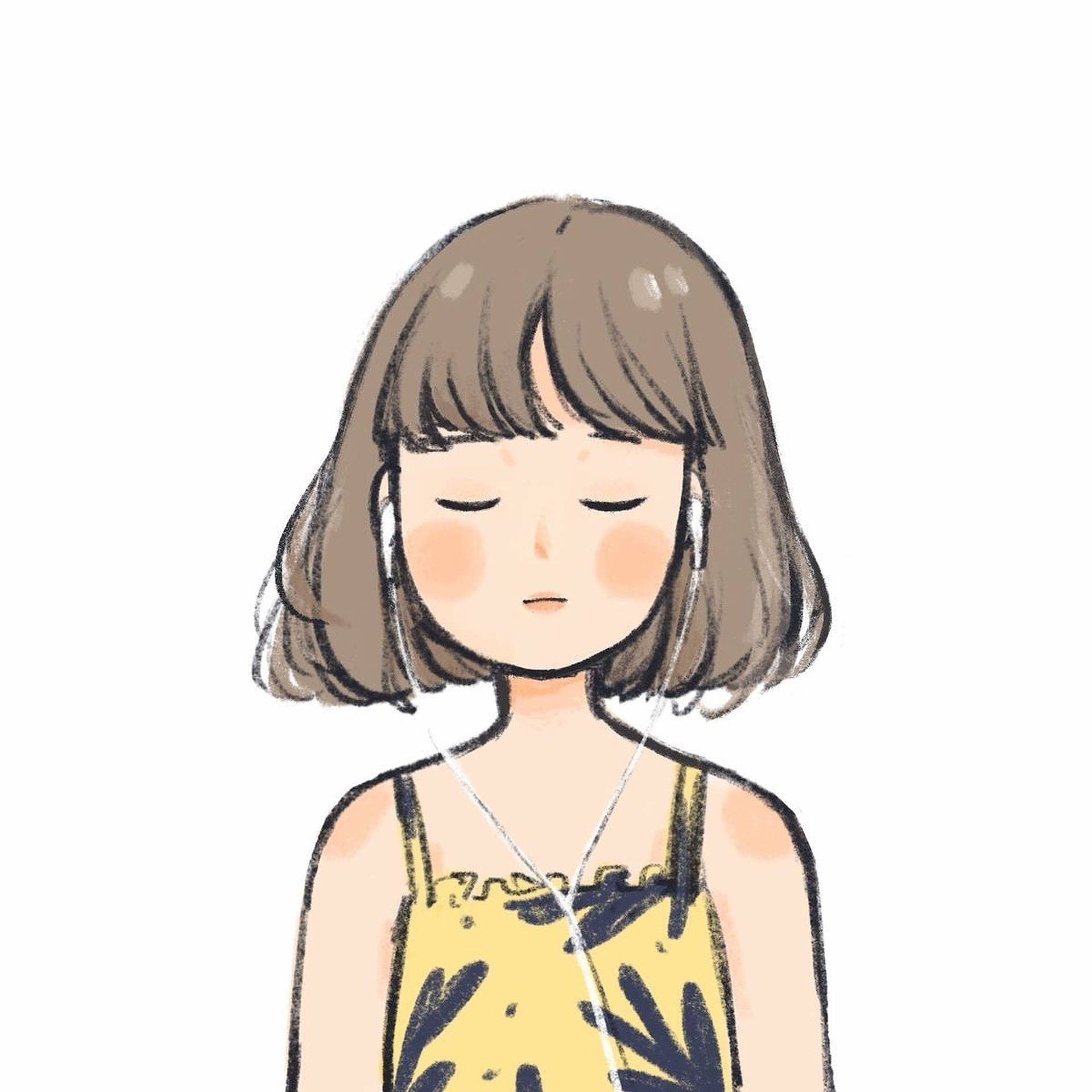 Profile 桌布 壁紙 — 一個寧靜的插畫女孩，閉著眼睛戴著耳機，穿著黃色花卉上衣，背景為純白色。
