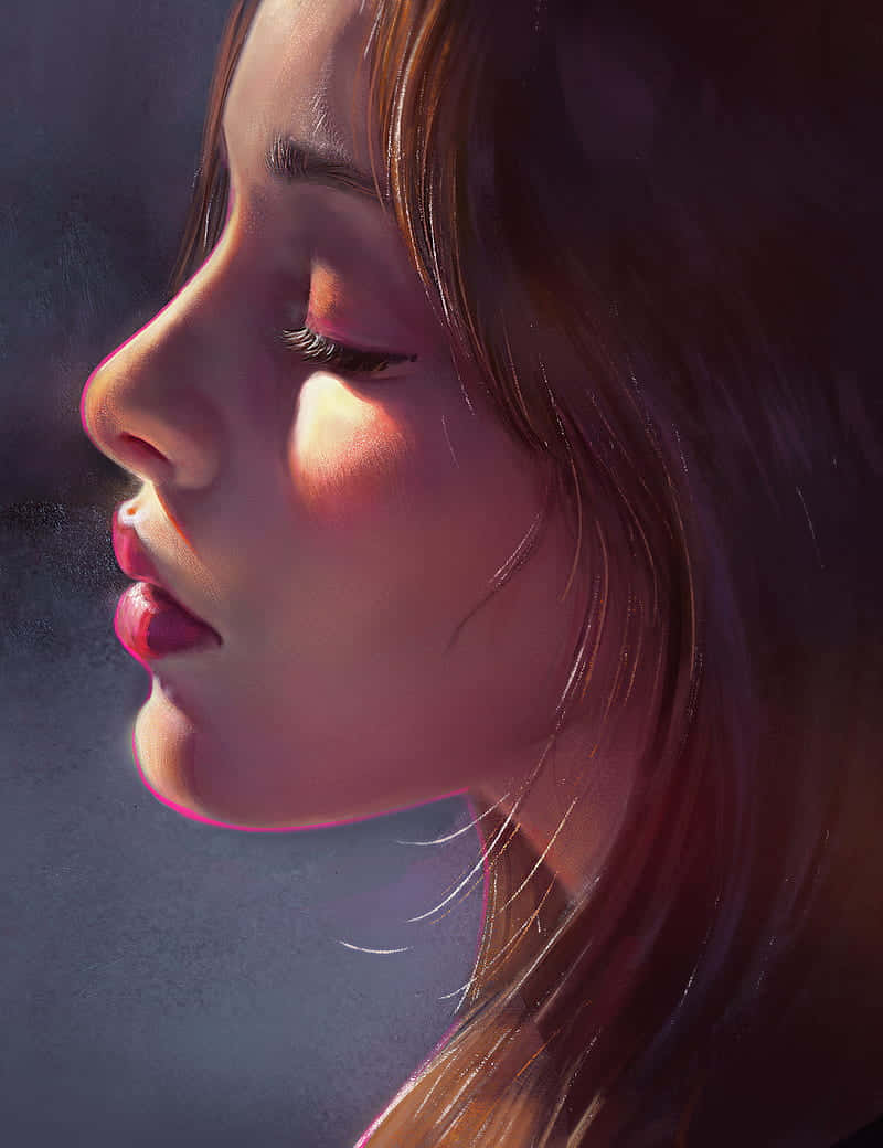 Sunshine 桌布 壁紙 — 一個寧靜的數位肖像，描繪一位女性的側臉，沐浴在柔和的粉紅和紫色光線中，肌膚和頭髮上帶有發光的高光。