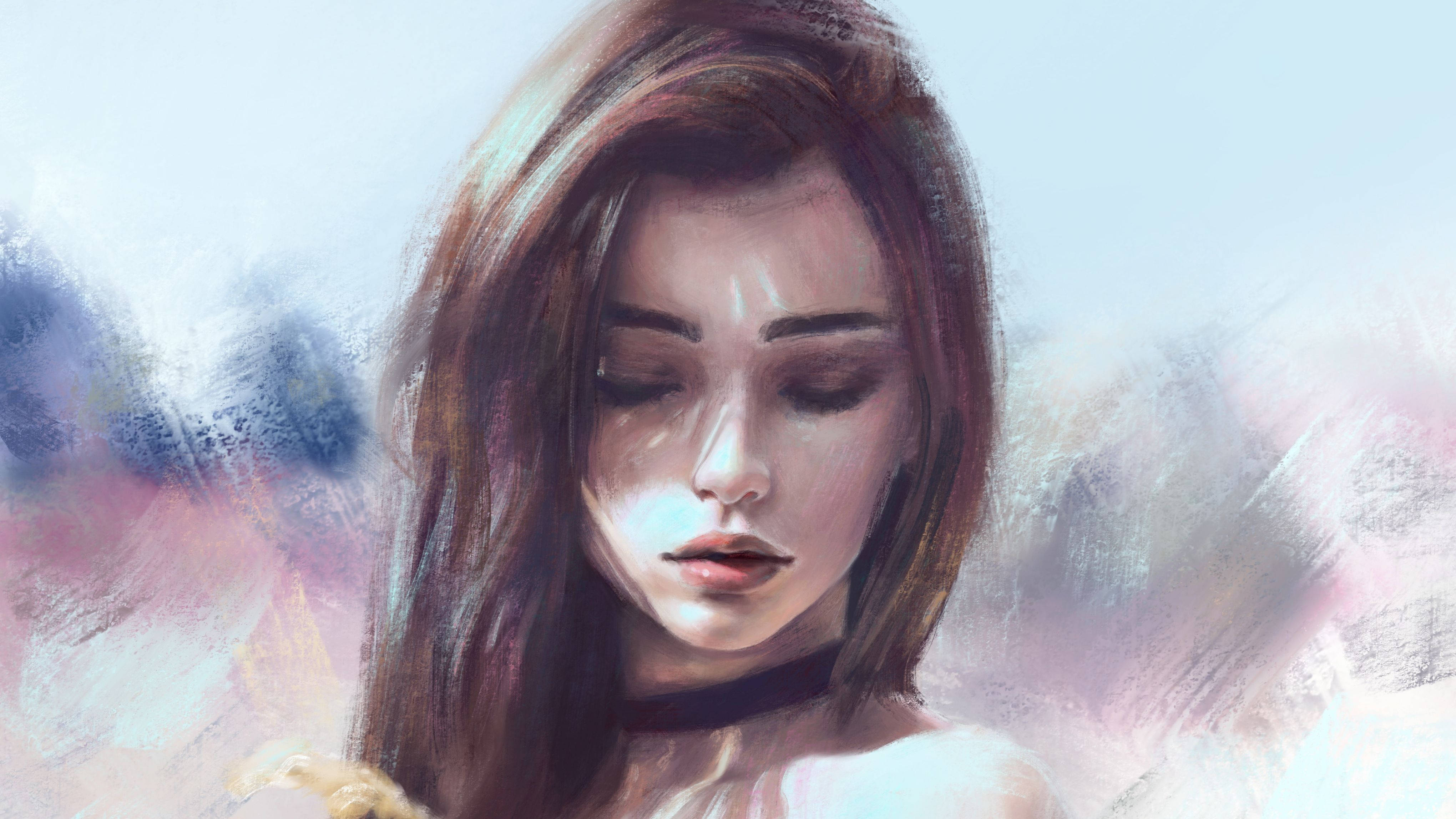 girls 桌布 壁紙 — 一個寧靜的數位肖像，描繪一位閉著眼睛、擁有柔軟棕色頭髮的女性，背景是夢幻般的粉彩。