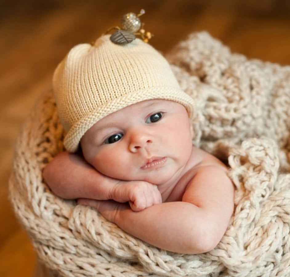 Infant 桌布 壁紙 — 一個寧靜的新生嬰兒，深色眼睛，安詳地躺在柔軟的米色針織毯中，戴著一頂相配的針織帽，上面裝飾著一隻小蜜蜂。