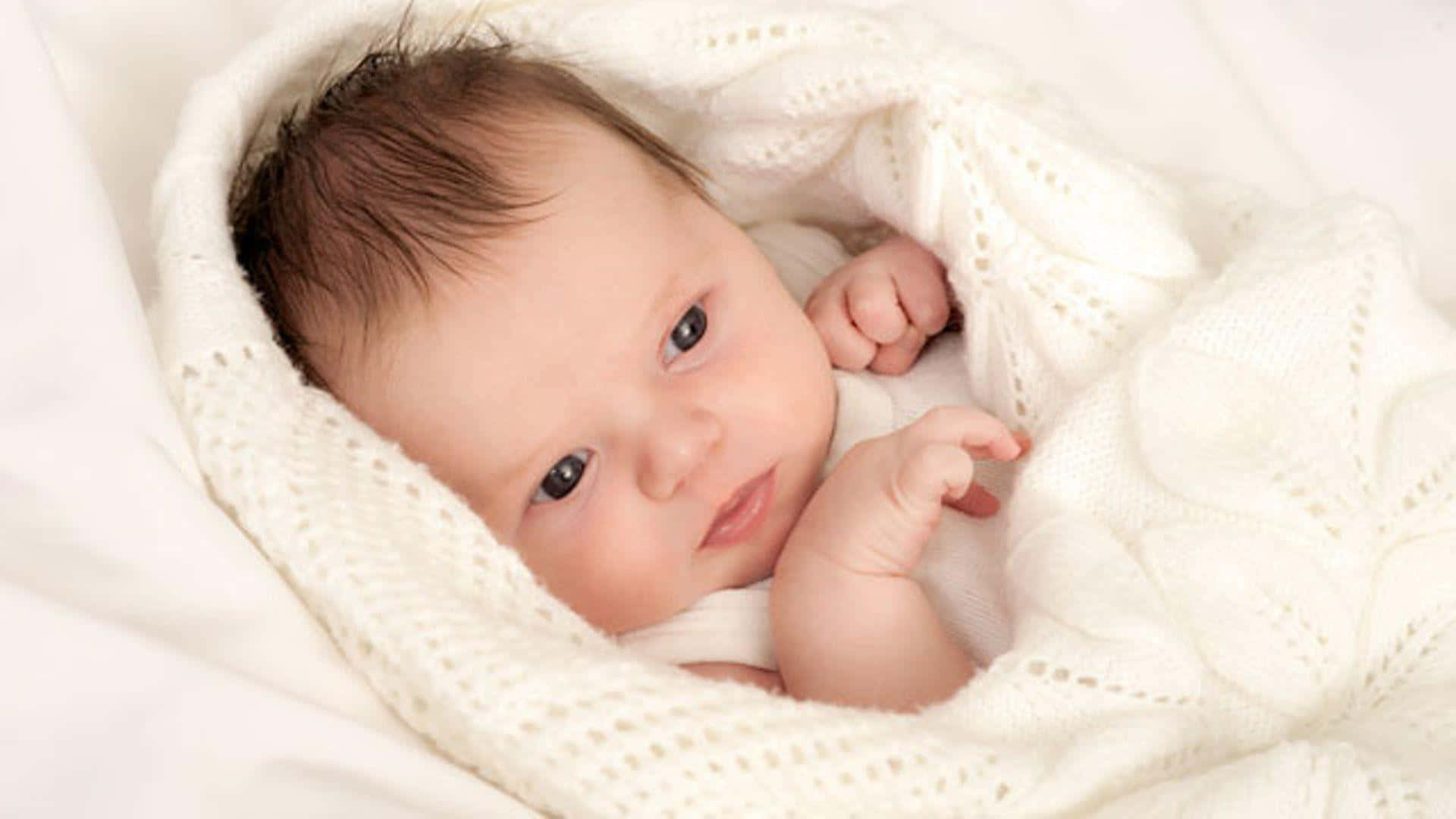 cute baby 桌布 壁紙 — 一個寧靜的新生嬰兒，深色眼睛，從柔軟的白色針織毯中探出頭來，背景是純白色。