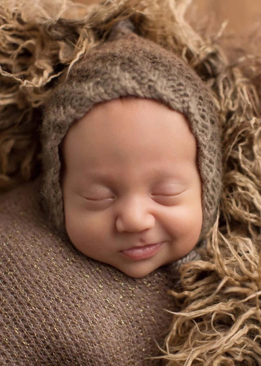 Infant 桌布 壁紙 — 一個寧靜的新生嬰兒戴著柔軟的棕色針織帽，依偎在蓬鬆有質感的布料中，帶著溫柔的微笑安詳地睡著。