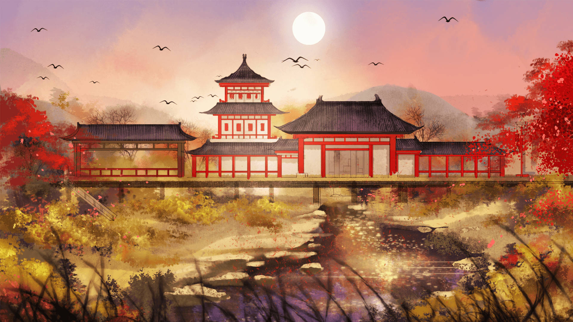 中式房屋壁紙 桌布 壁紙 — 一個寧靜的日本寺廟建築群，擁有紅色結構和黑色屋頂，位於一座木橋上，橫跨反射的小溪，滿月下鳥兒飛翔。