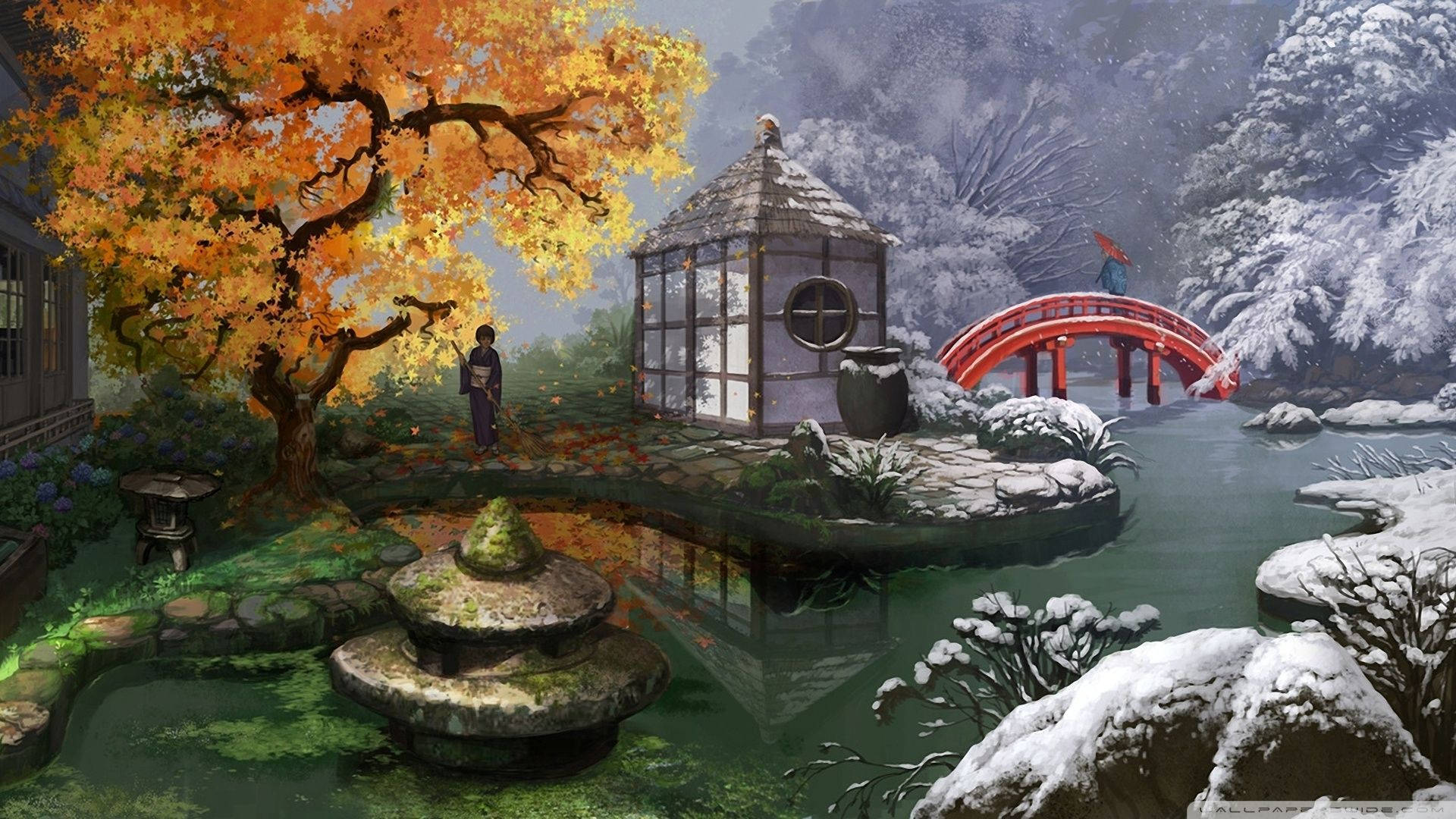 日式自然壁紙 桌布 壁紙 — 一個寧靜的日本庭園，秋天的樹葉在雪覆蓋的樹木旁閃耀著金色光芒，一座紅色拱橋橫跨平靜的水面。
