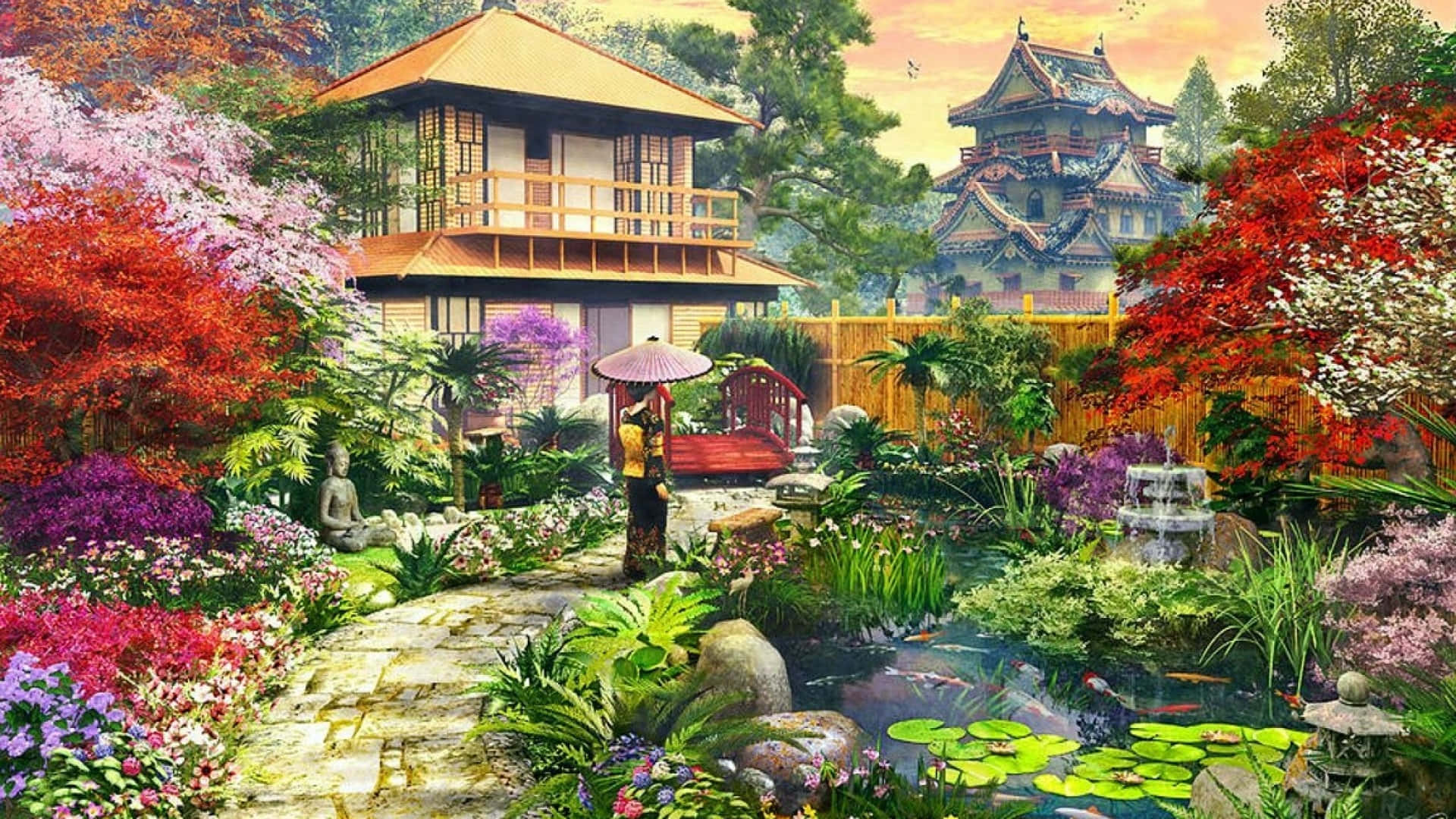 桌布 壁紙 — 一個寧靜的日本花園，石徑蜿蜒穿過色彩繽紛的花朵、錦鯉池和傳統木建築，在溫暖的日落天空下。