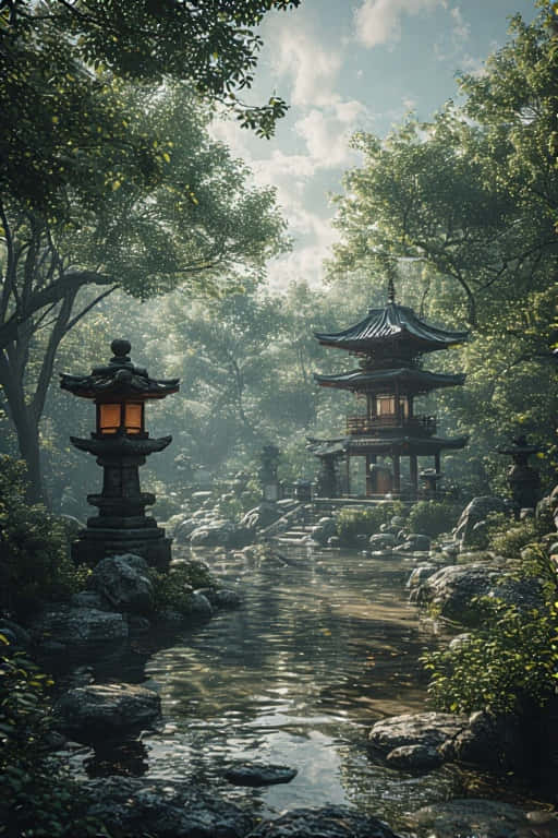 Peaceful Zen Garden with Stone Lanterns Minimalist 4K 壁紙 — 一個寧靜的日本花園，石燈籠溫暖地發光，旁邊是一條霧氣繚繞的小溪，通向一座坐落在茂密綠樹中的木製寶塔。