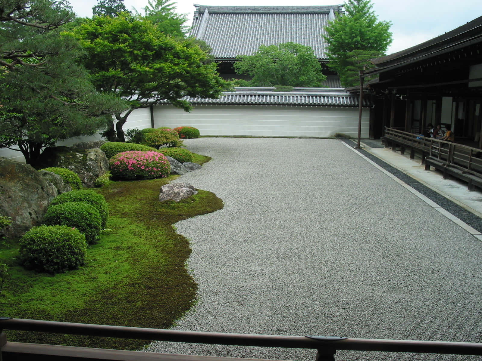Driveway Ideas 桌布 壁紙 — 一個寧靜的日本花園，耙過的碎石小徑蜿蜒穿過長滿苔蘚的綠植和盛開的粉紅色杜鵑花，下方是傳統的木結構建築。