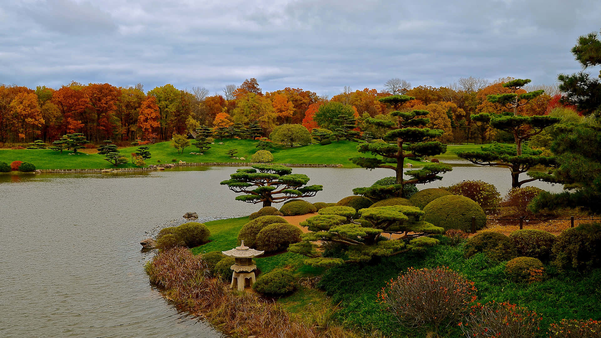 Samurai Garden 桌布 壁紙 — 一個寧靜的日本花園池塘，周圍環繞著秋天的樹木和修剪整齊的灌木，天空多雲。