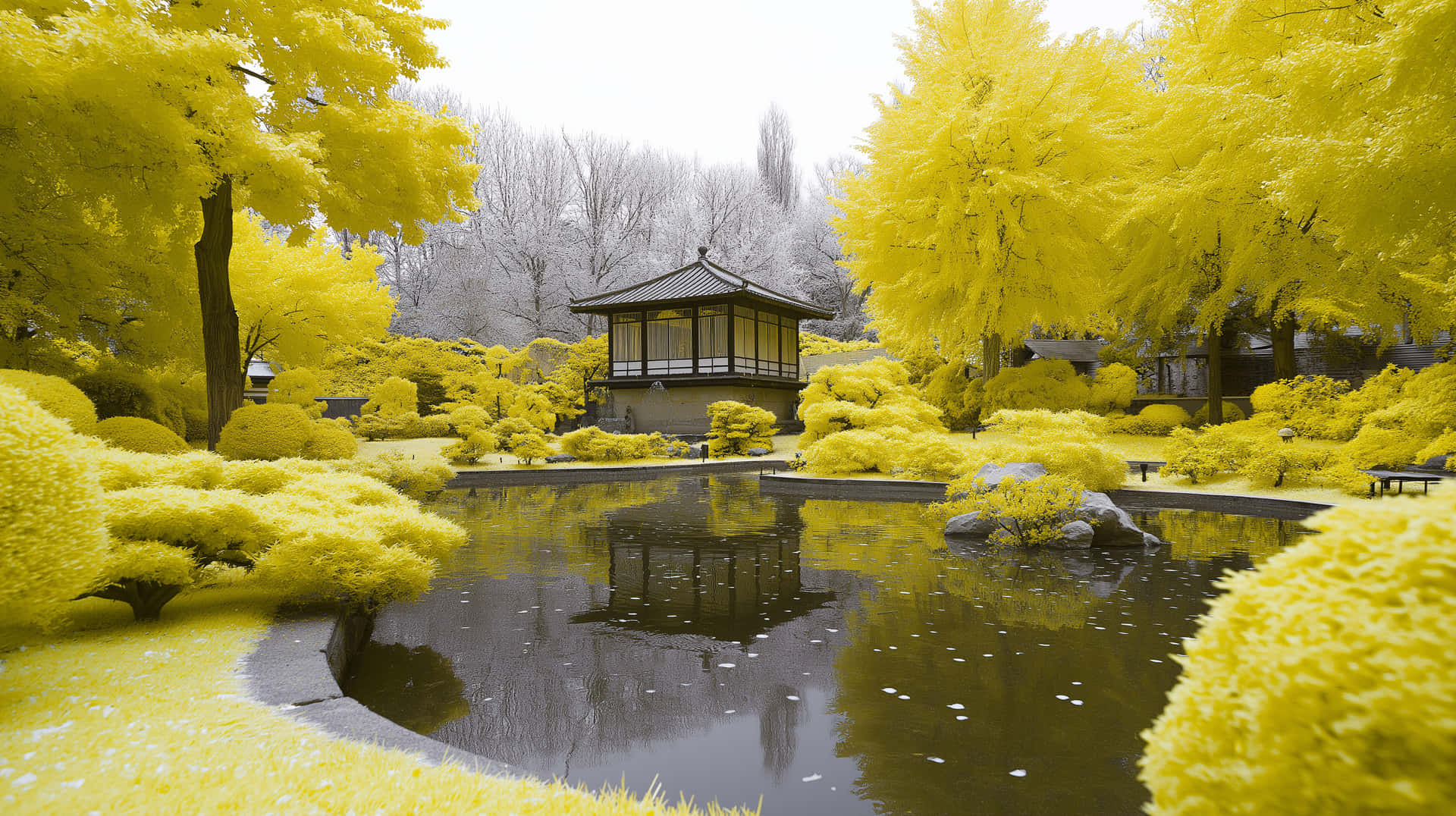 Vibrant Golden Garden with Traditional Pavilion and Pond 壁紙 — 一個寧靜的日本花園池塘倒映著一個傳統亭子，周圍環繞著充滿活力的黃色樹葉和灰色的冬季樹木。