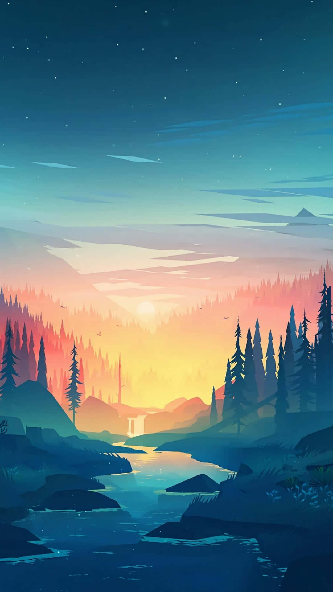 Mountain Scenery 桌布 壁紙 — 一個寧靜的暮光山谷，蜿蜒的河流兩旁是松樹，星空下帶有柔和的漸變色調。