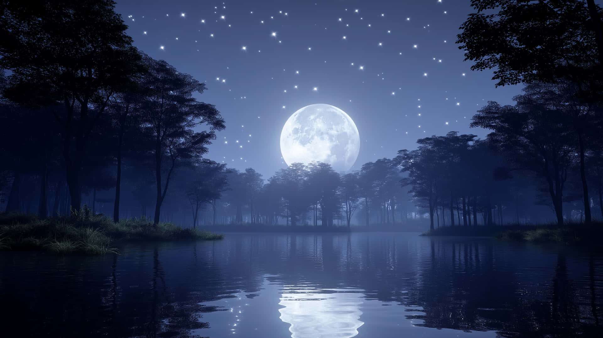 Moonlit Lake Serenity 壁紙 — 一個寧靜的月光森林場景，滿月倒映在平靜的水面上，周圍是高聳的樹木，星空燦爛。