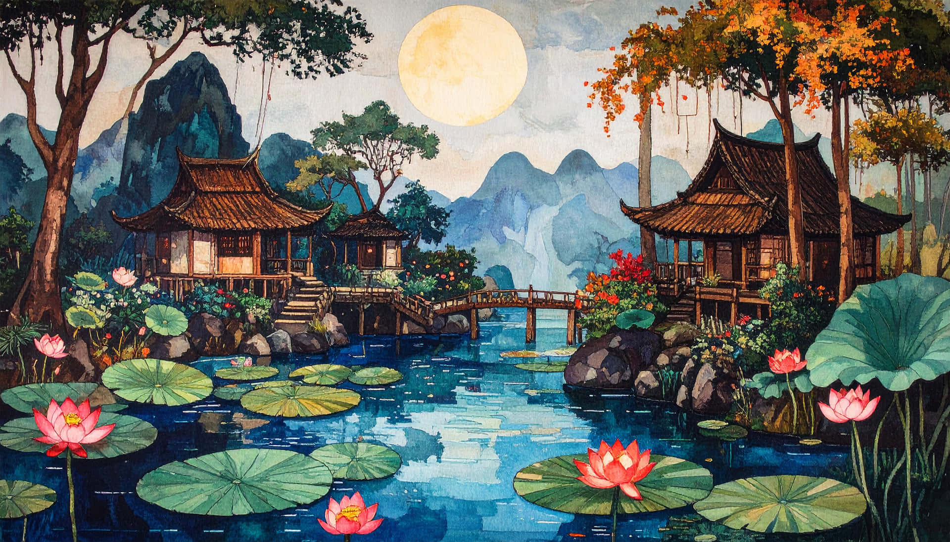 Floating village 壁紙 — 一個寧靜的月光池塘，有粉紅色的蓮花和綠色的睡蓮葉，周圍環繞著傳統的木製亭閣和秋天的樹木。