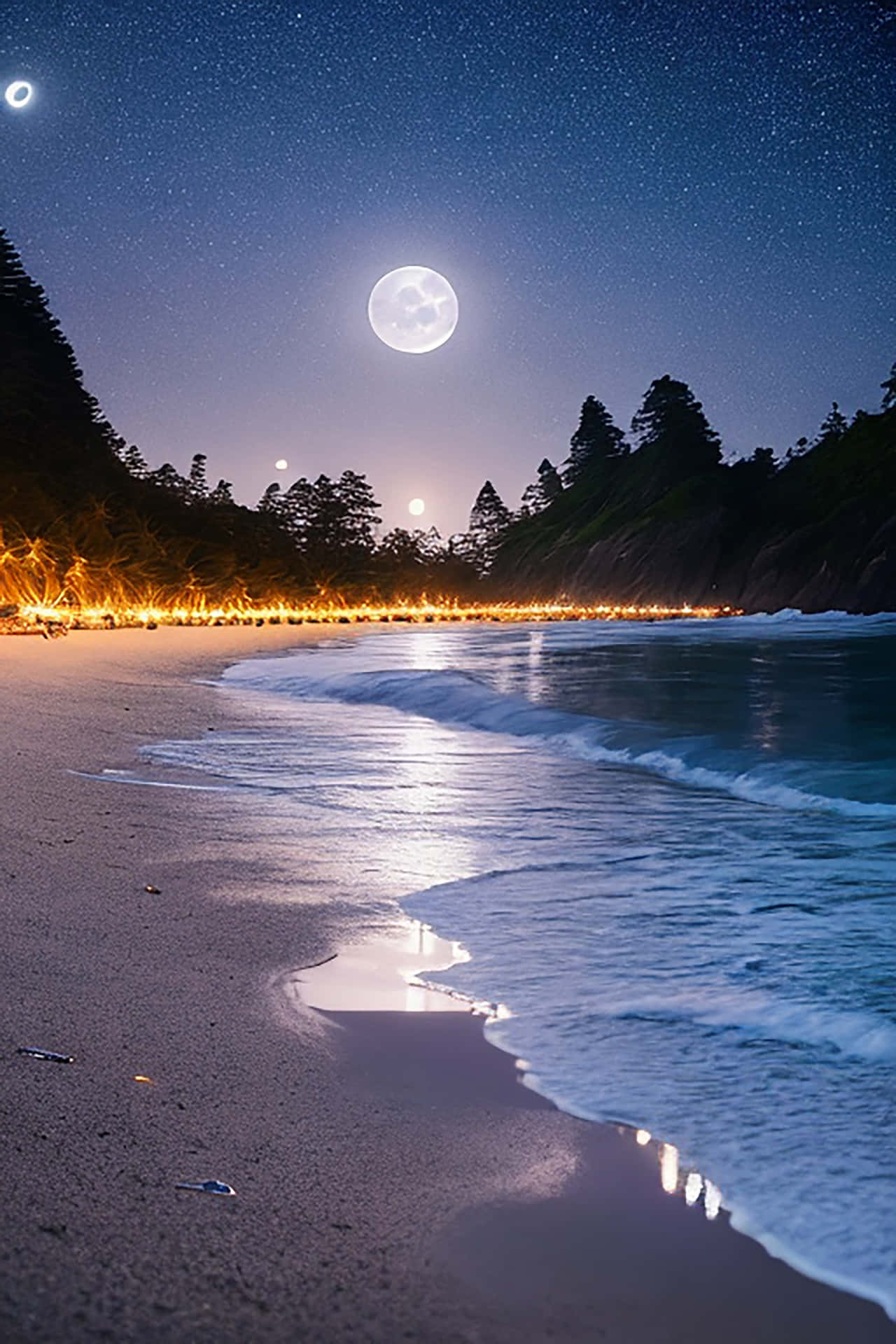 The beach stones, soaked in the moonlight, resemble a natural painting, shining with the serenity of 壁紙 — 一個寧靜的月光海灘夜晚，溫柔的海浪在星空下拍打著海岸，沿岸遠處閃爍著燈光。