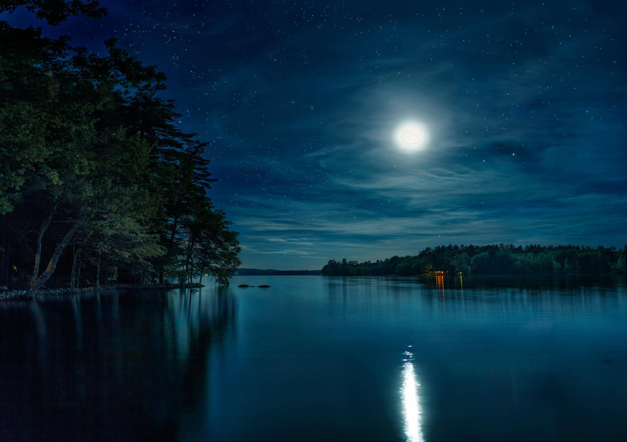 full moon 桌布 壁紙 — 一個寧靜的月光湖面反射出明亮的滿月和星星，上方是深藍色夜空下的黑暗剪影樹木。