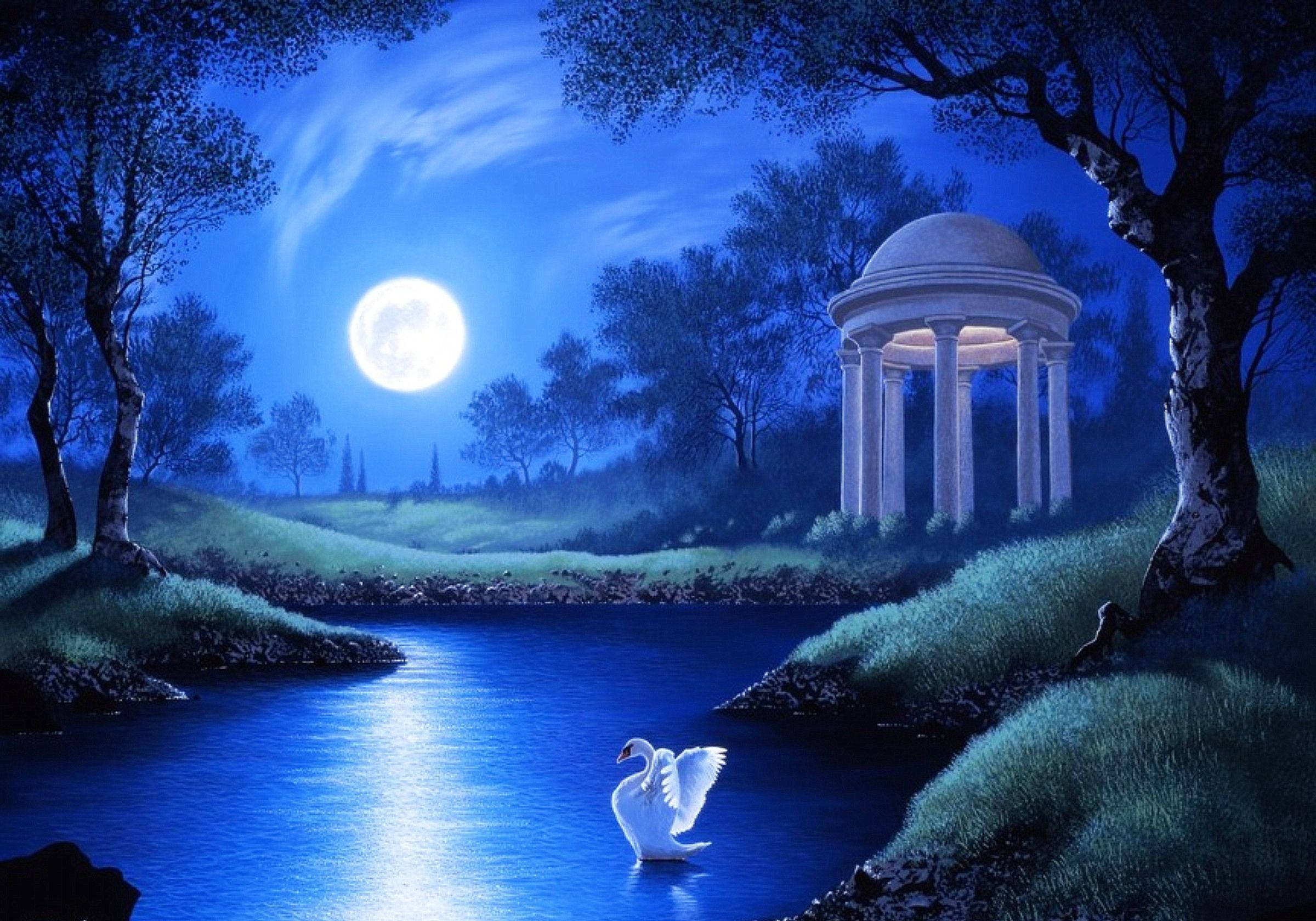 Beautiful Moon 桌布 壁紙 — 一個寧靜的月夜場景，一隻白天鵝在樹木環繞的古典石亭附近的反射河上滑行。