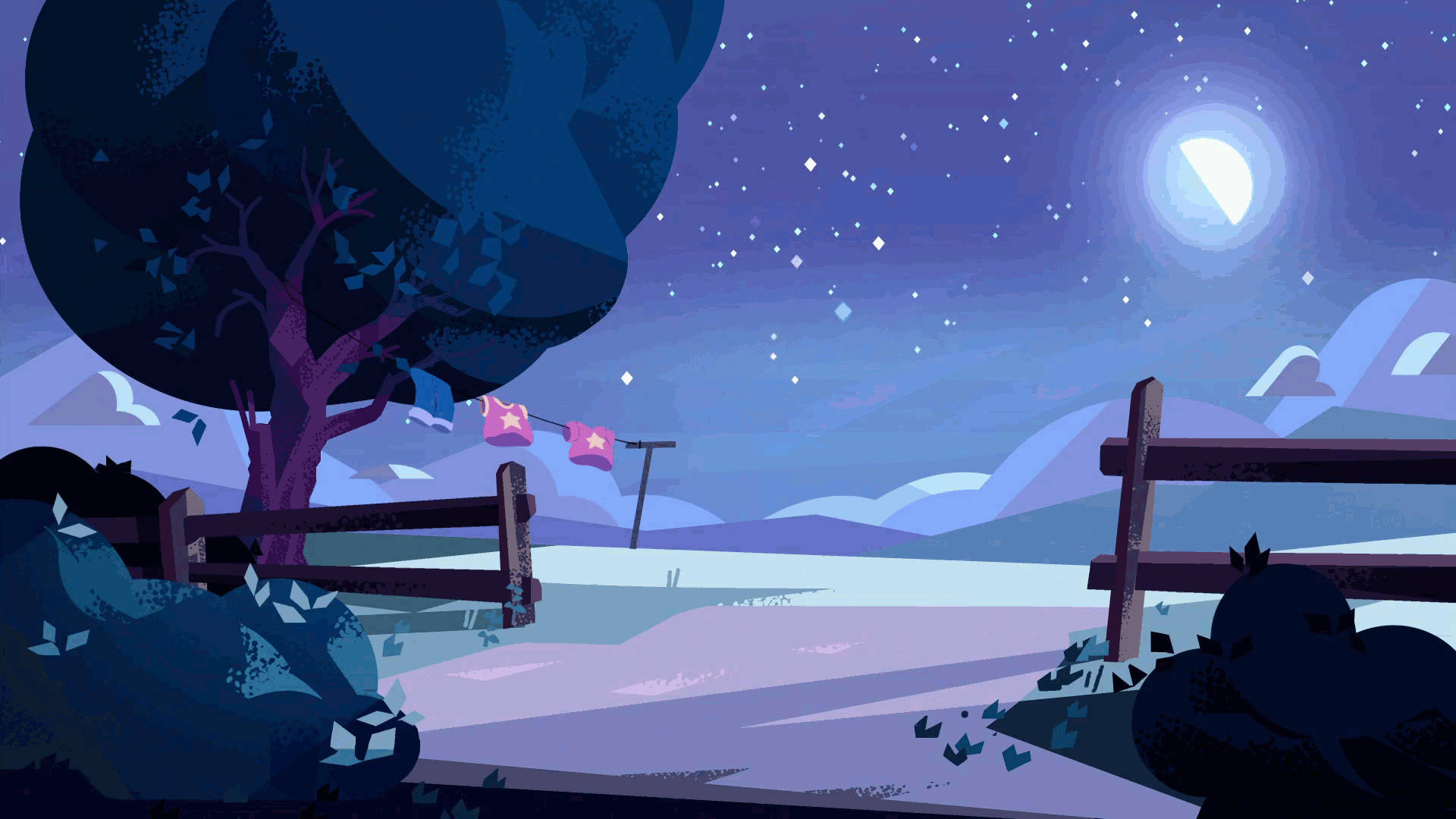 Steven Universe 桌布 壁紙 — 一個寧靜的月夜場景，有木柵欄、大樹和遠處的山脈，在星空下。