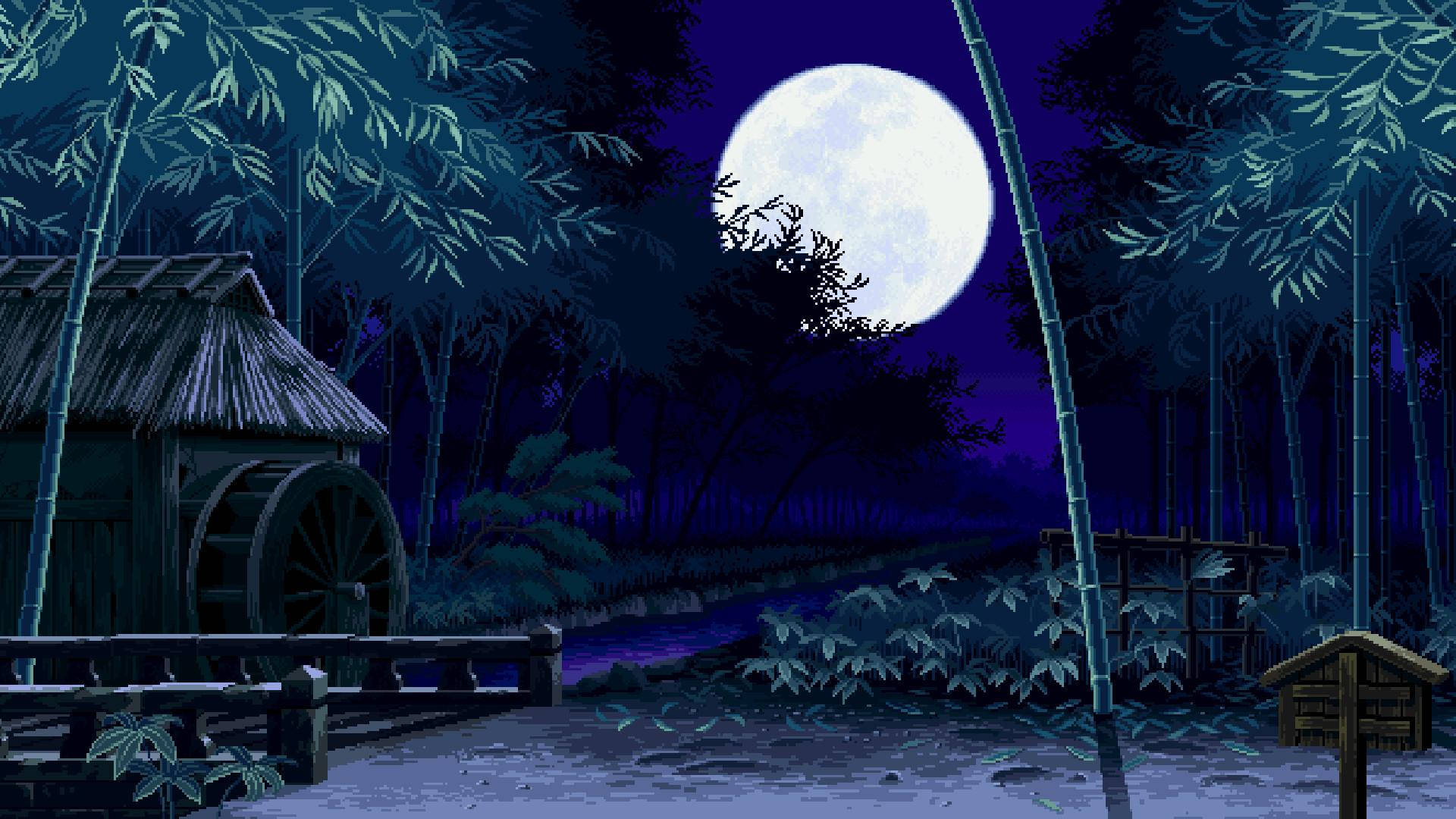 美學藝術 桌布 壁紙 — 一個寧靜的月夜竹林，傳統水車和木橋在明亮的滿月下。