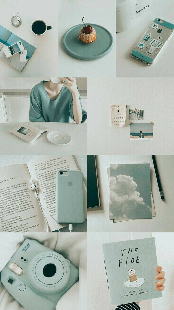 Pinterest Aesthetic 桌布 壁紙 — 一個寧靜的柔和色調拼貼畫，包含極簡生活風格物品，包括咖啡杯、櫻桃甜點、電話、書本和相機，整齊排列在潔白的表面上。