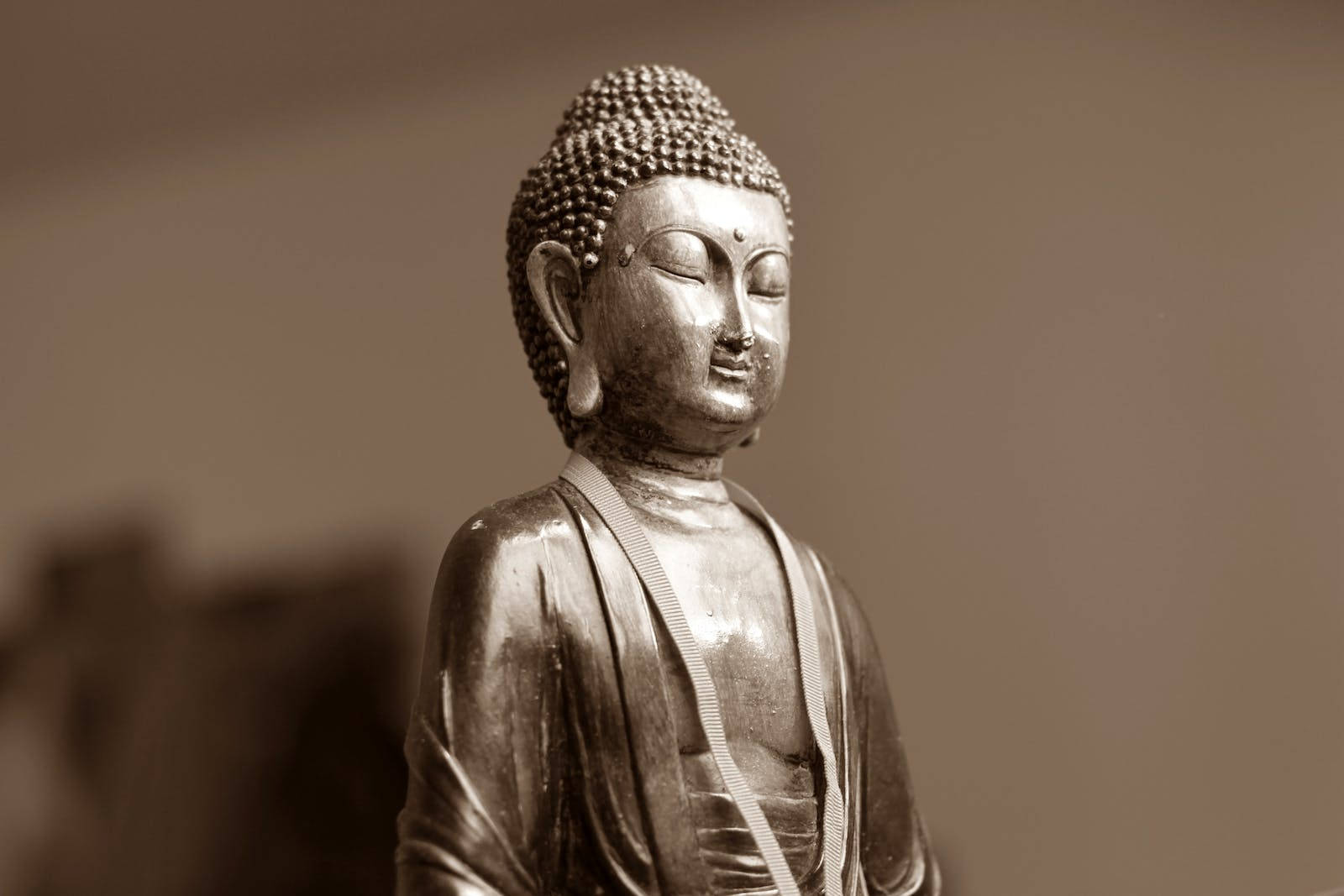 Gautam Buddha 桌布 壁紙 — 一個寧靜的棕褐色調特寫，展示一尊閉著眼睛、細節清晰的佛陀雕像，背景柔和模糊。