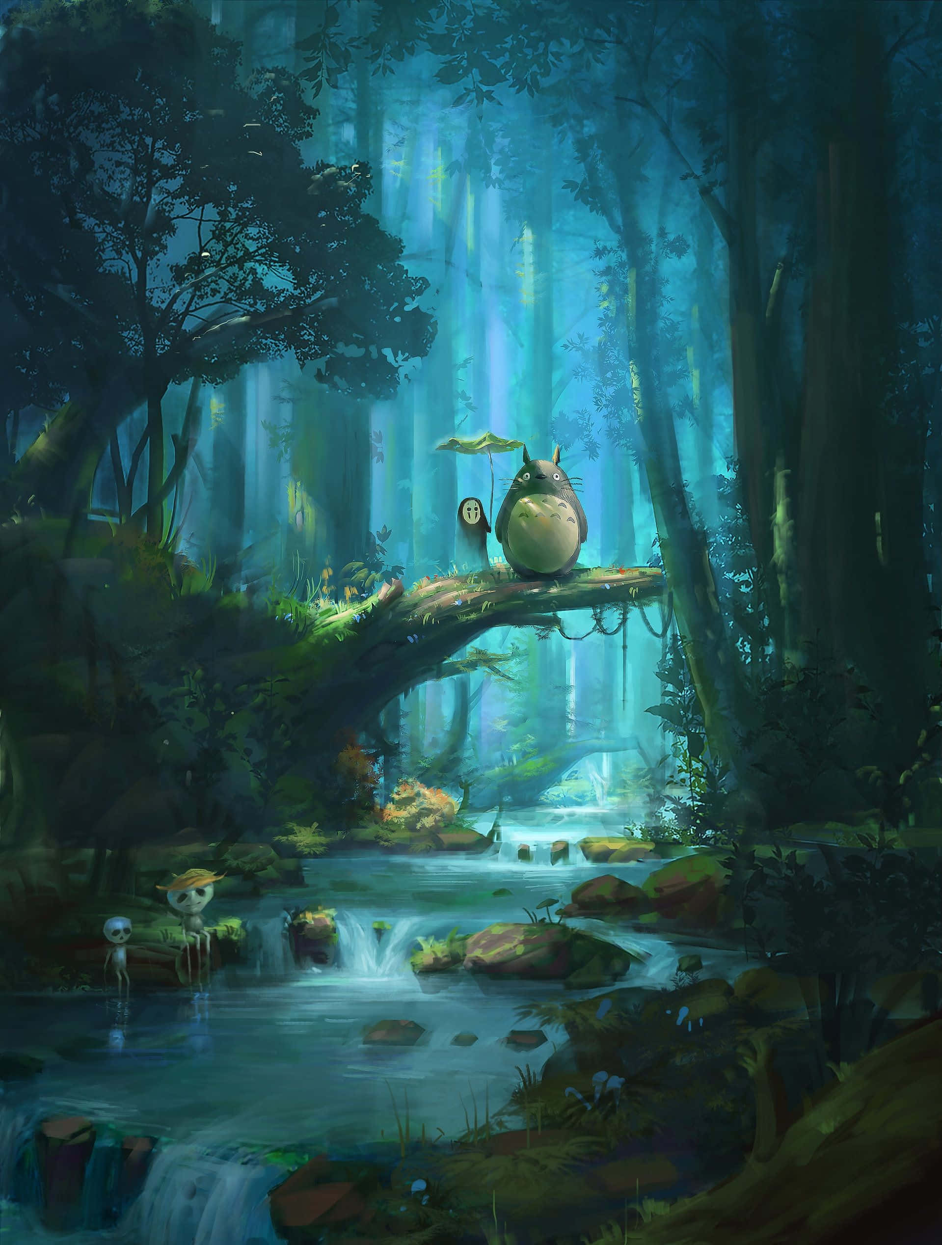 Studio Ghibli Art 桌布 壁紙 — 一個寧靜的森林場景，龍貓和一個小夥伴坐在長滿苔蘚的樹枝上，俯瞰著發光的小溪。