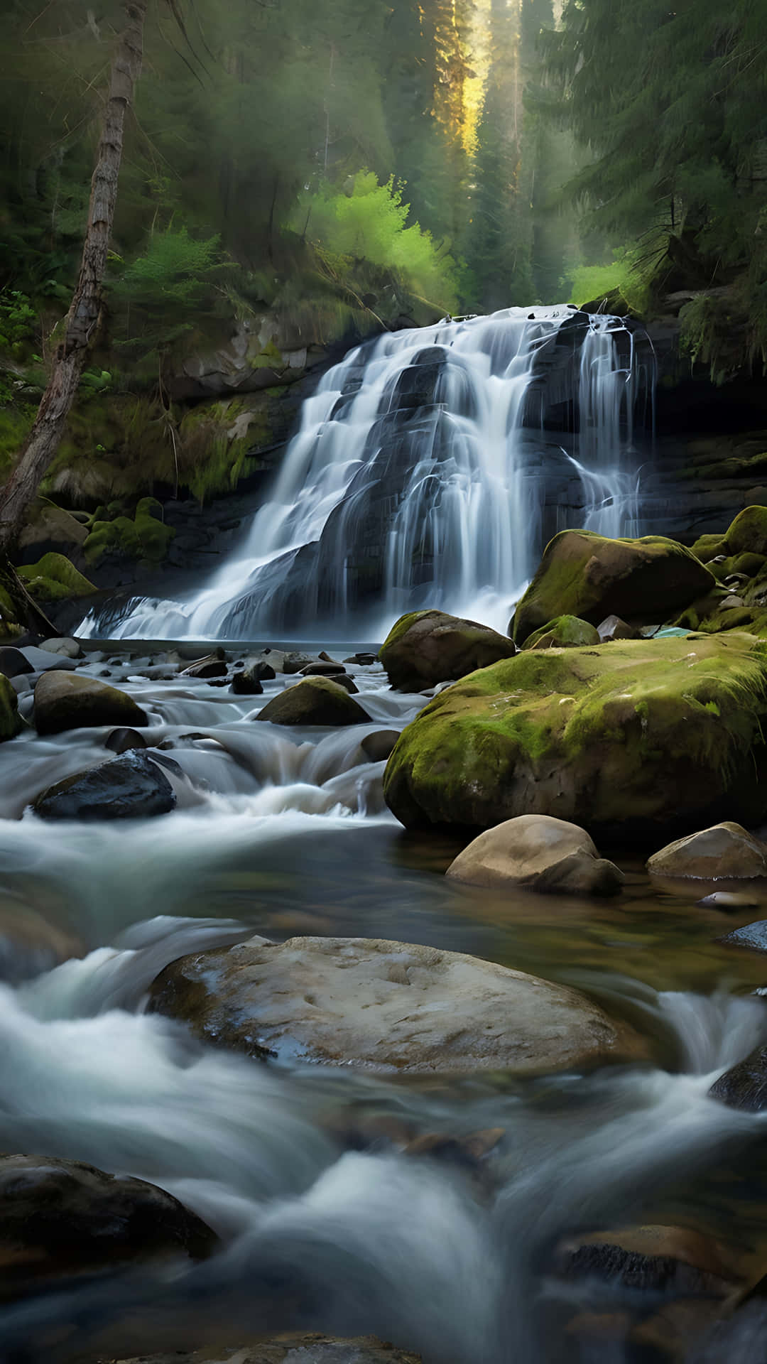 The Whispering Waterfall – A Nature's Tale. smartphone wallpaper 壁紙 — 一個寧靜的森林瀑布從長滿苔蘚的岩石上傾瀉而下，陽光穿過高大的樹木。