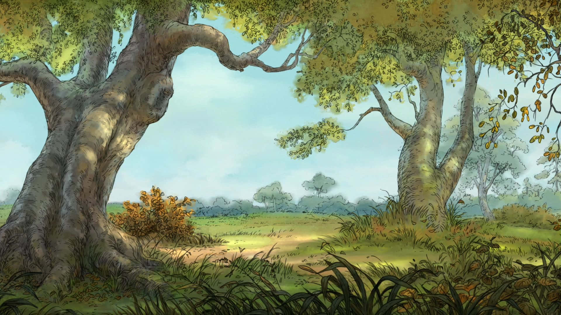 winnie the pooh 桌布 壁紙 — 一個寧靜的森林空地，由兩棵巨大的古樹框住，斑駁的陽光透過金色的樹葉灑落。