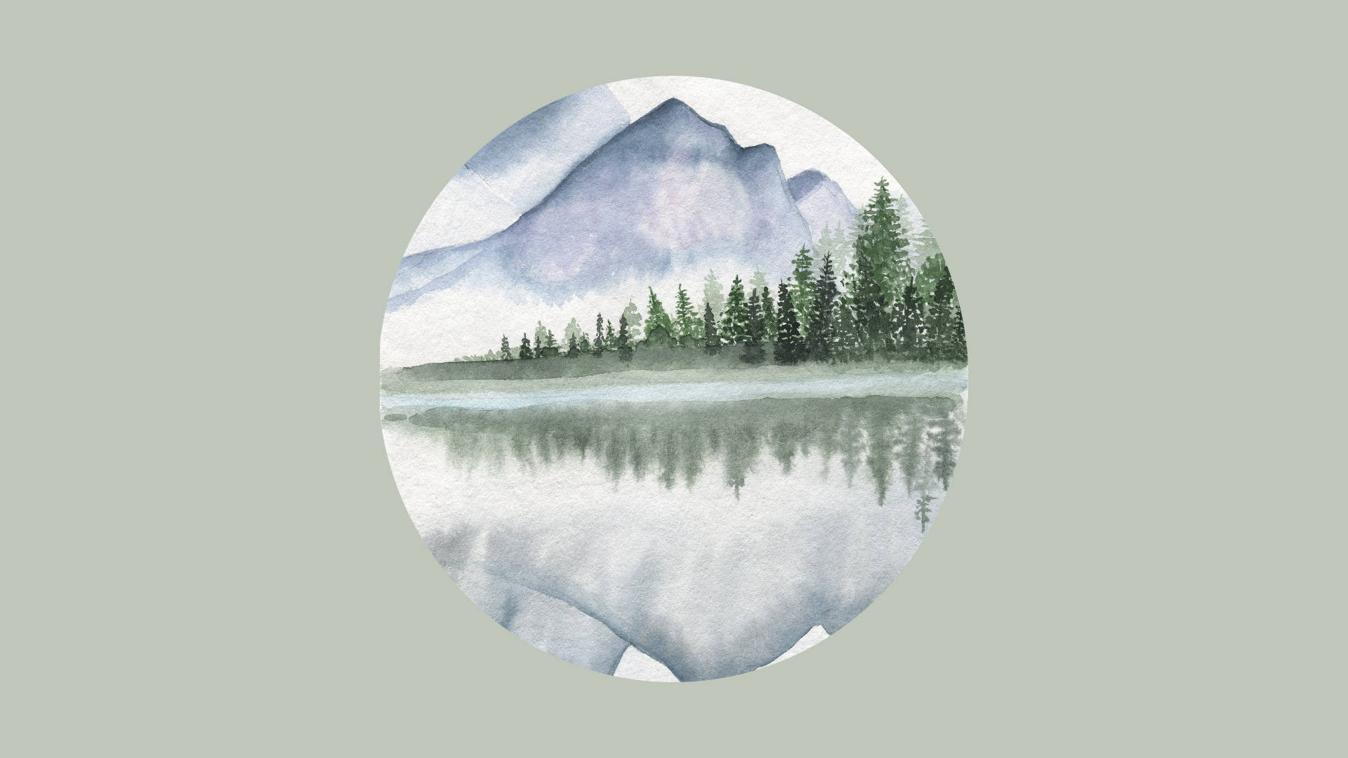 Sage 桌布 壁紙 — 一個寧靜的水彩圓圈描繪了霧氣瀰漫的山脈倒映在平靜的水面上，岸邊有常綠樹木。