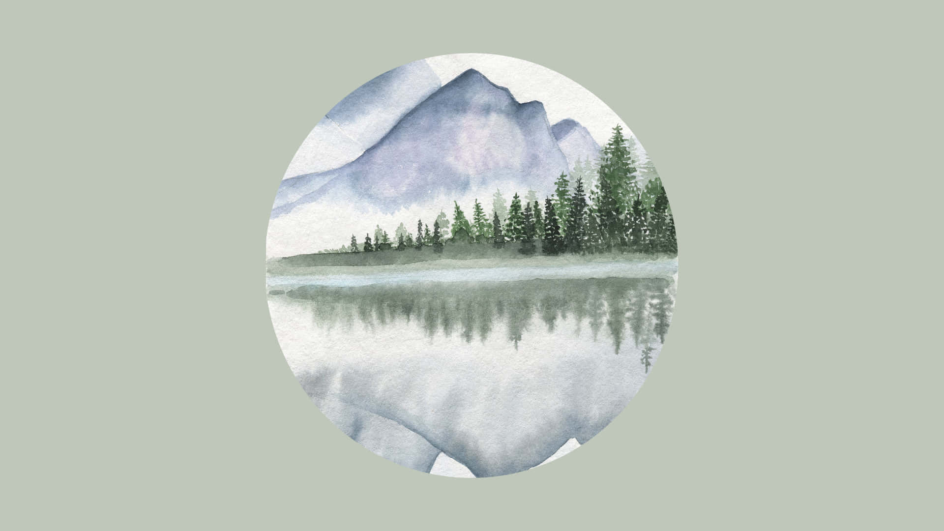 Sage Green Laptop 桌布 壁紙 — 一個寧靜的水彩圓圈描繪了霧氣繚繞的山脈倒映在平靜的湖面上，周圍環繞著常青樹。