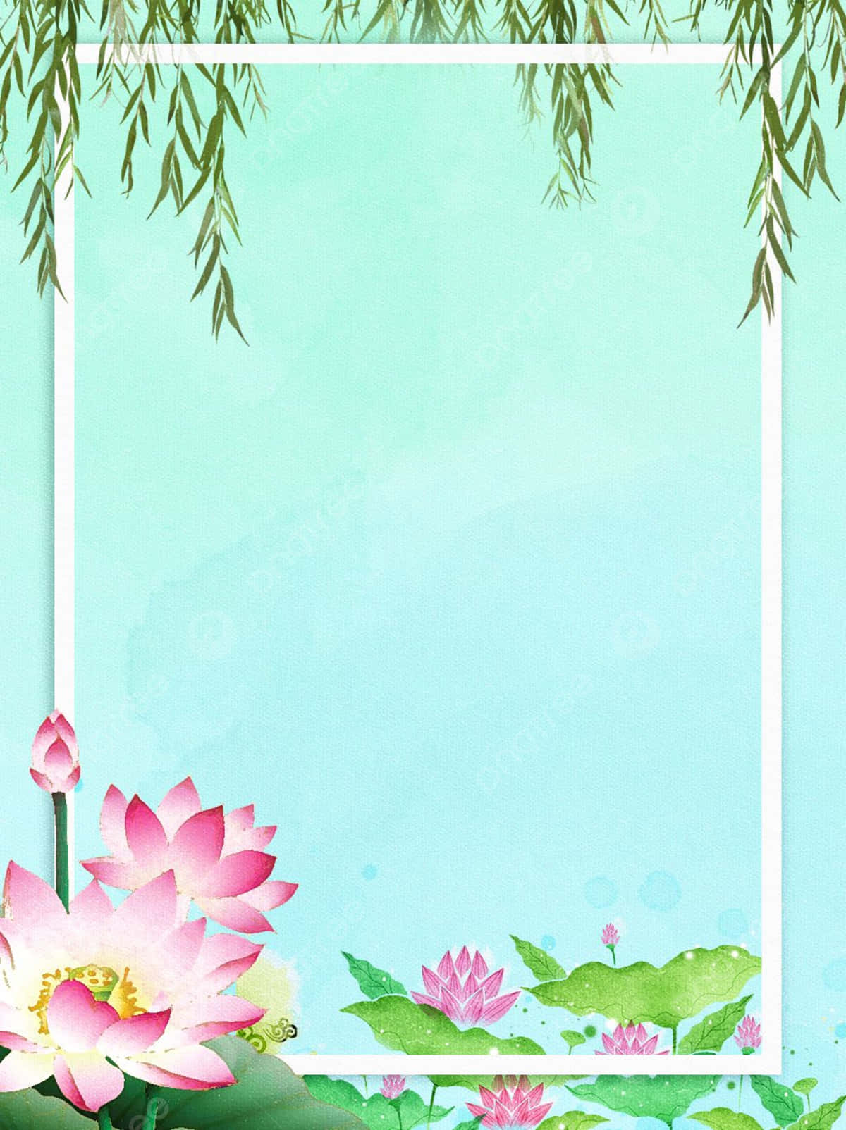 lotus 桌布 壁紙 — 一個寧靜的水彩畫框，帶有粉紅色蓮花和綠色柳枝，背景為柔和青綠色。
