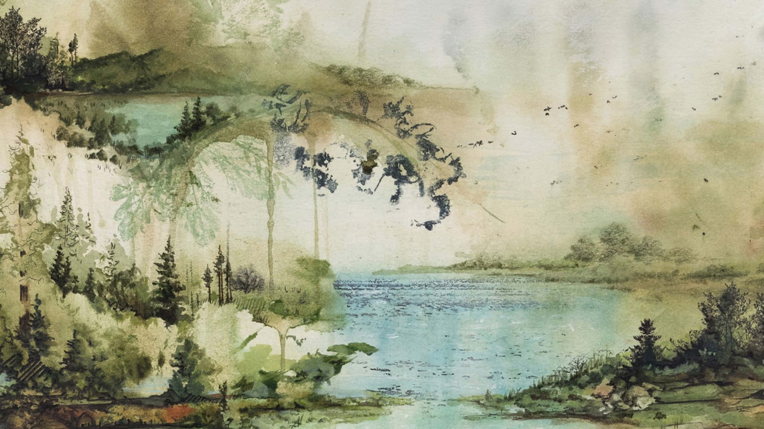 Watercolor 桌布 壁紙 — 一個寧靜的水彩風景畫，描繪霧氣瀰漫的湖泊，周圍是茂密的森林和遠山，鳥兒在頭頂飛翔。
