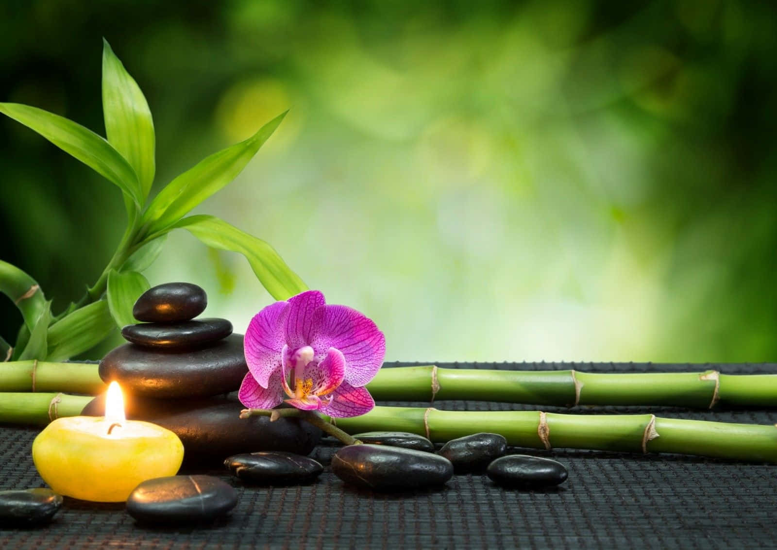禪 桌布 壁紙 — 一個寧靜的水療場景，有燃燒的蠟燭、黑色石頭、竹子和鮮豔的紫色蘭花，背景是柔和的綠色模糊效果。