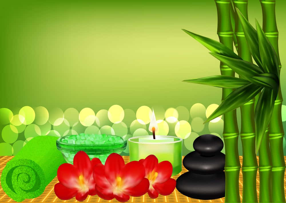 禪 桌布 壁紙 — 一個寧靜的水療場景，竹、紅花、黑石和編織墊上的點燃蠟燭，背景是柔和的綠色漸變。