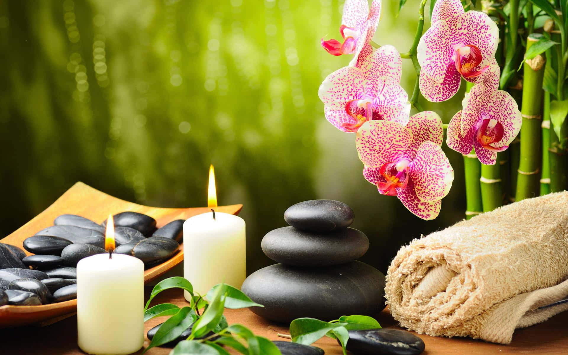 Spa Treatments 桌布 壁紙 — 一個寧靜的水療設置，有燃燒的蠟燭、堆疊的黑石、粉紅色的蘭花和一條捲起的毛巾，背景是模糊的綠色竹子。