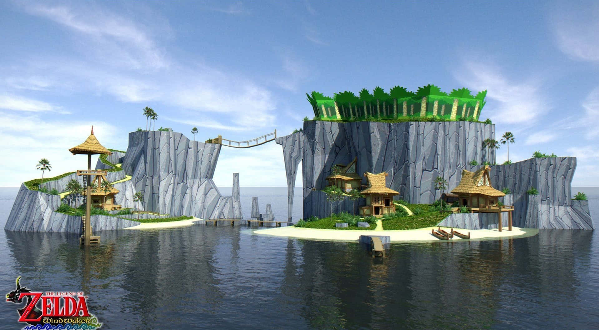 The Legend Of Zelda The Wind Waker 桌布 壁紙 — 一個寧靜的浮島村莊，木屋和橋樑坐落在岩石懸崖和寧靜的海水之間，天空清澈湛藍。