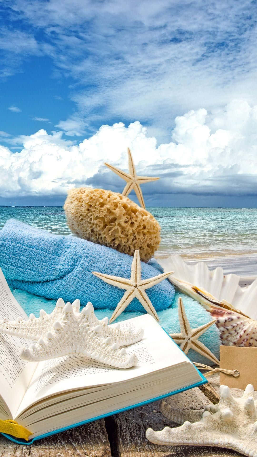 Android Summer 桌布 壁紙 — 一個寧靜的海灘場景，有一本打開的書，周圍環繞著海星、海綿和貝殼，在明亮的藍天下。