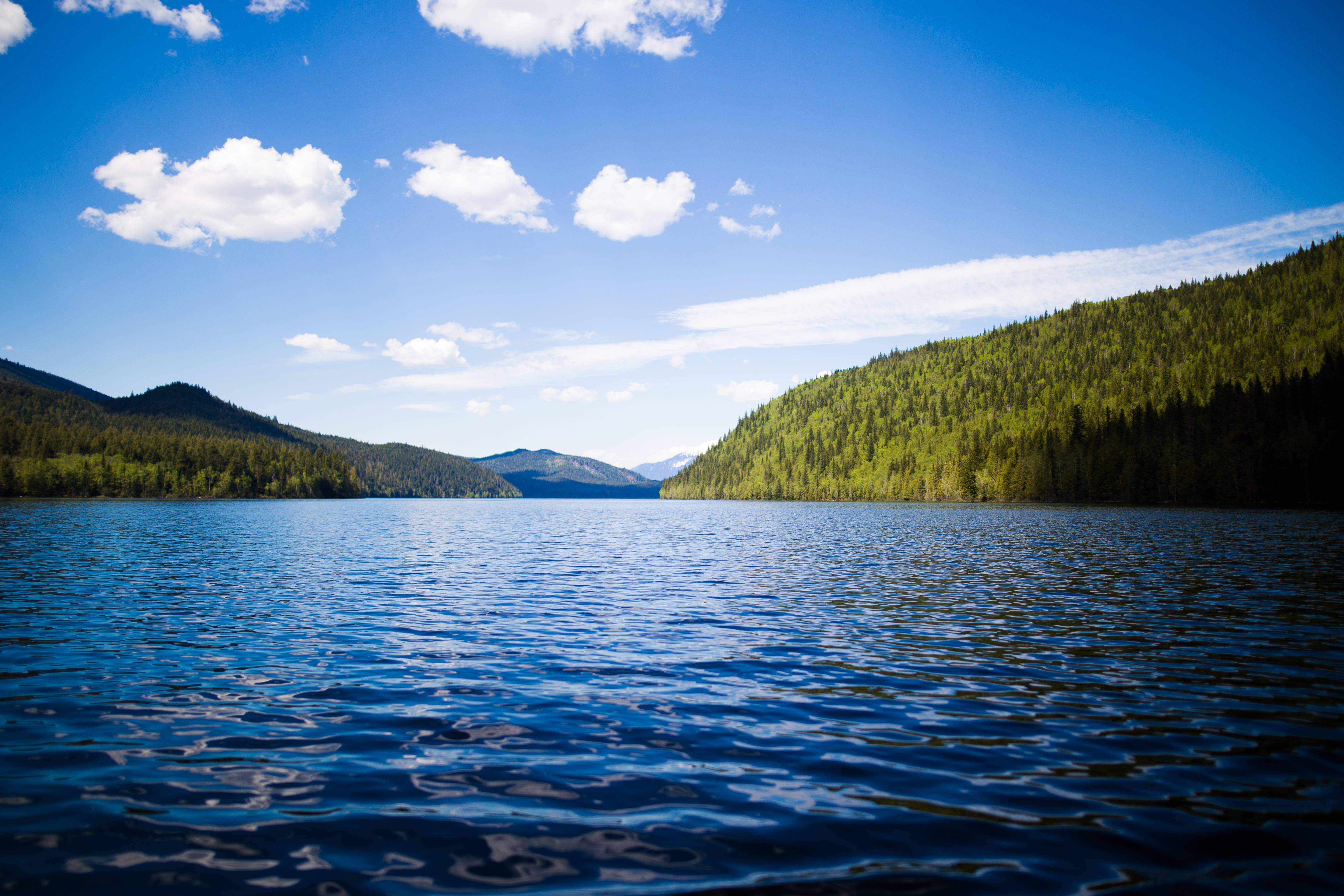 Lake 桌布 壁紙 — 一個寧靜的湖泊，四周環繞著茂密翠綠的森林山丘，上方是明亮的藍天，點綴著稀疏的白雲。