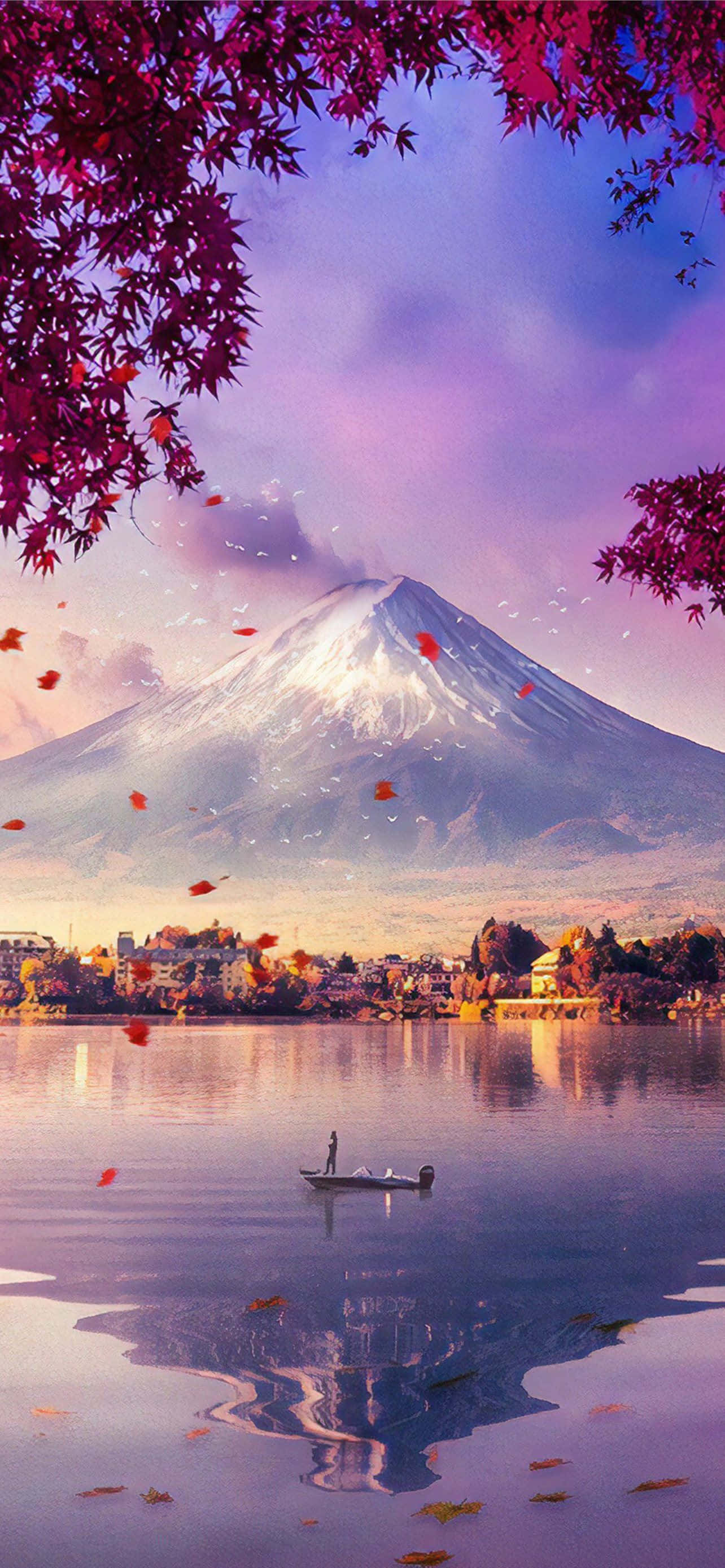 日本 桌布 壁紙 — 一個寧靜的湖泊倒映著白雪覆蓋的富士山，周圍環繞著在暮色中飄落的鮮紅楓葉。