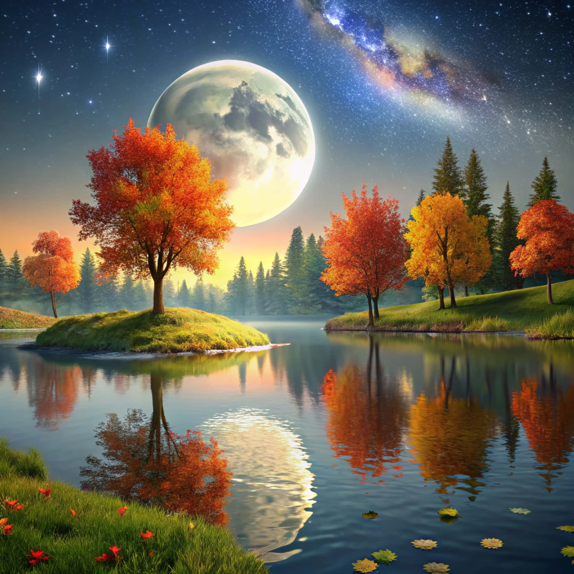 Autumn landscape at night 壁紙 — 一個寧靜的湖泊在星空下反射出巨大的月亮和秋天的樹木，伴隨著發光的銀河。