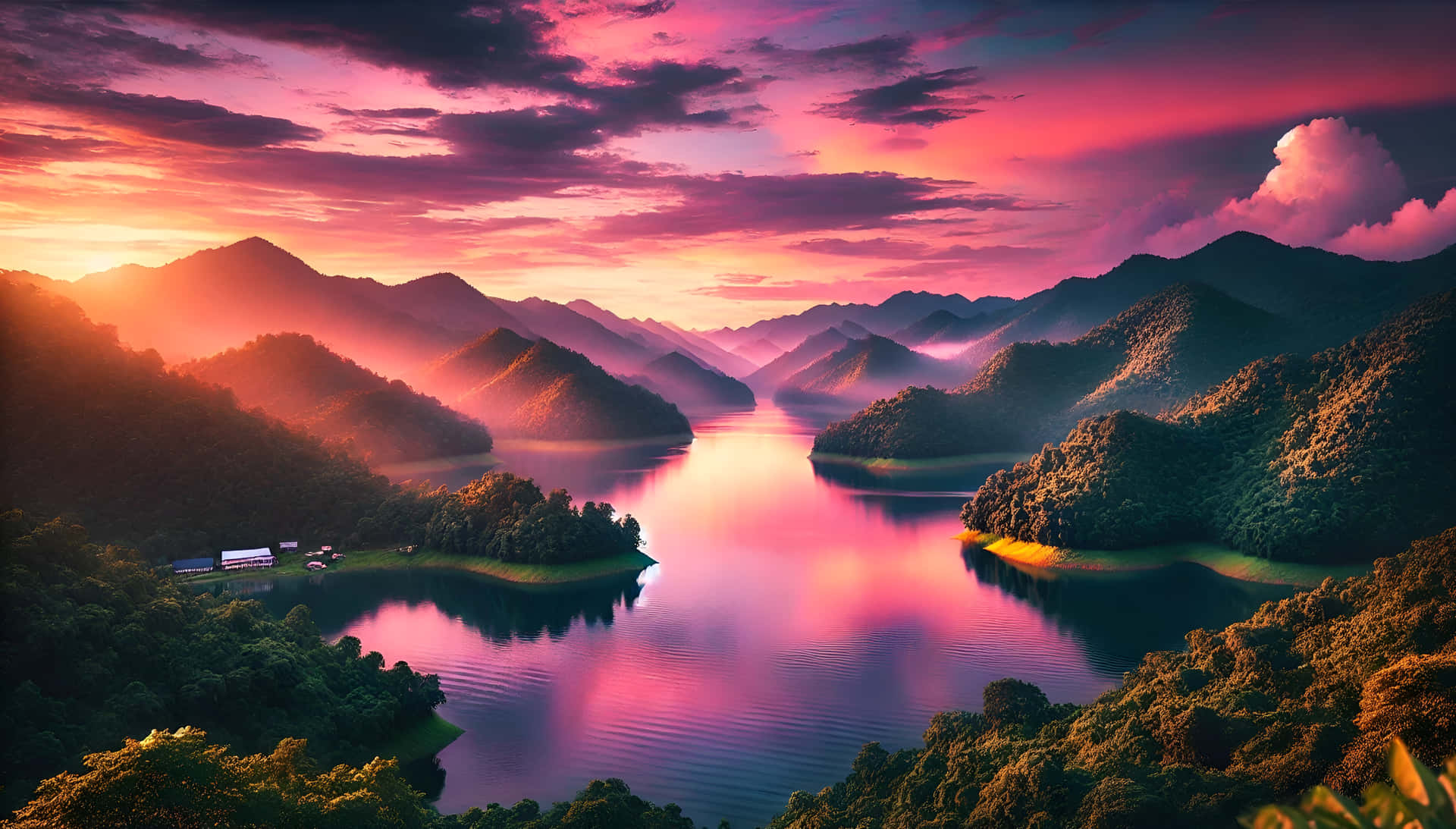 Nature-themed wallpaper with a peaceful lake and sunset vibes 壁紙 — 一個寧靜的湖泊坐落在森林覆蓋的山脈之間，倒映著充滿活力的粉紅色和橙色日落天空。