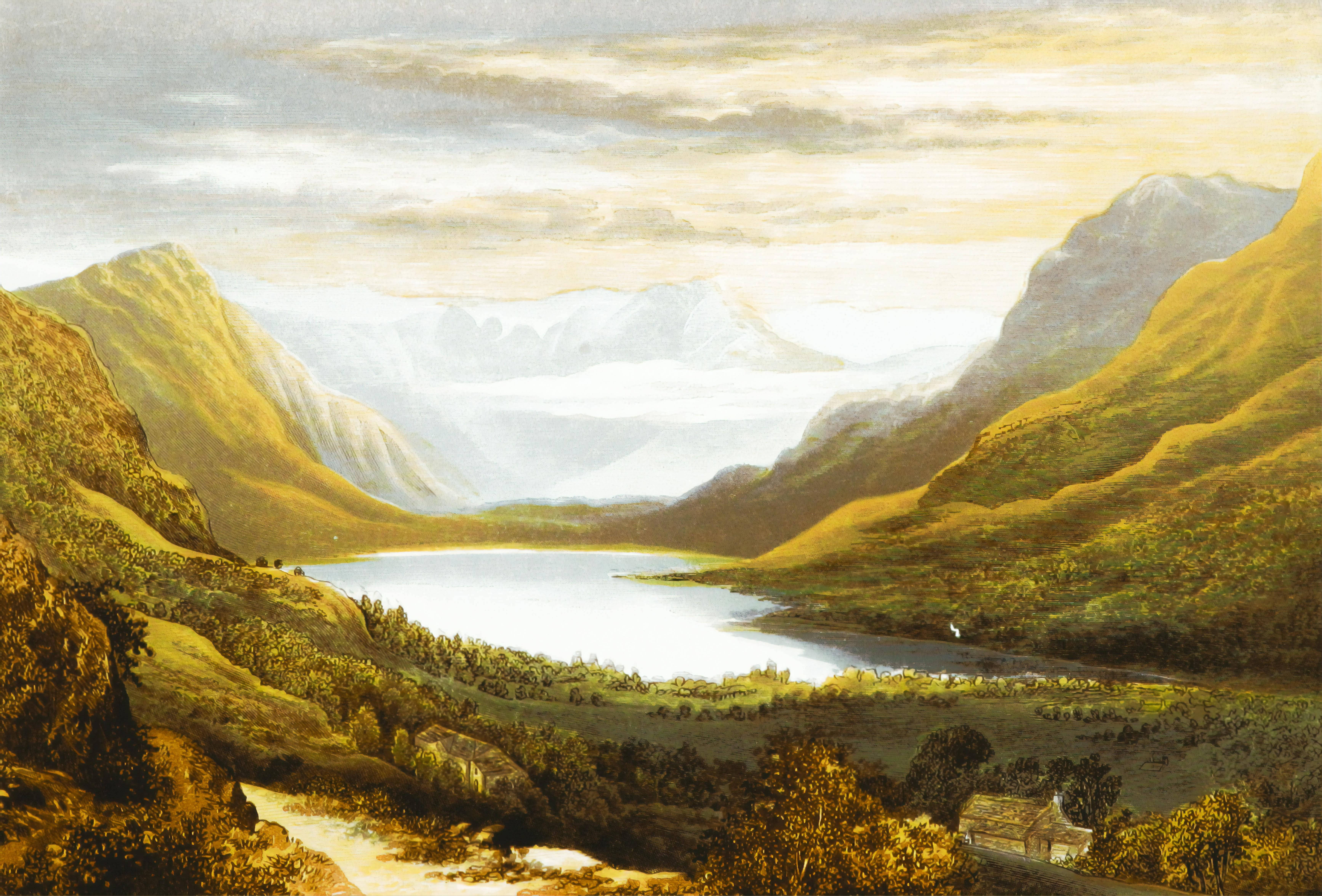 Painting Desktop 桌布 壁紙 — 一個寧靜的湖泊坐落在金色山丘之間，遠處有白雪覆蓋的山峰，天空柔軟多雲。