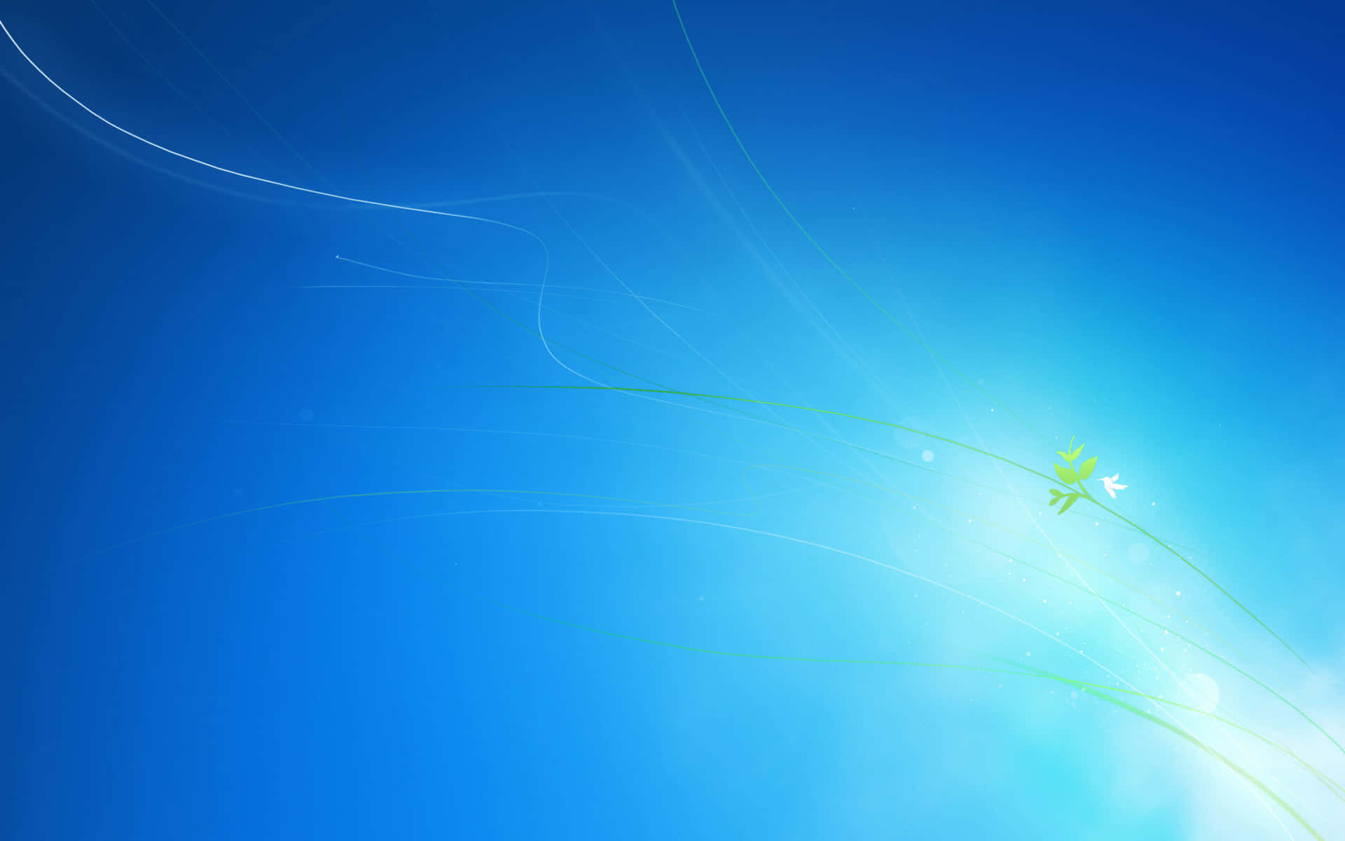 Windows Default 桌布 壁紙 — 一個寧靜的漸變藍色背景，帶有流動的綠色線條和一棵靠近明亮光源的小發芽植物。