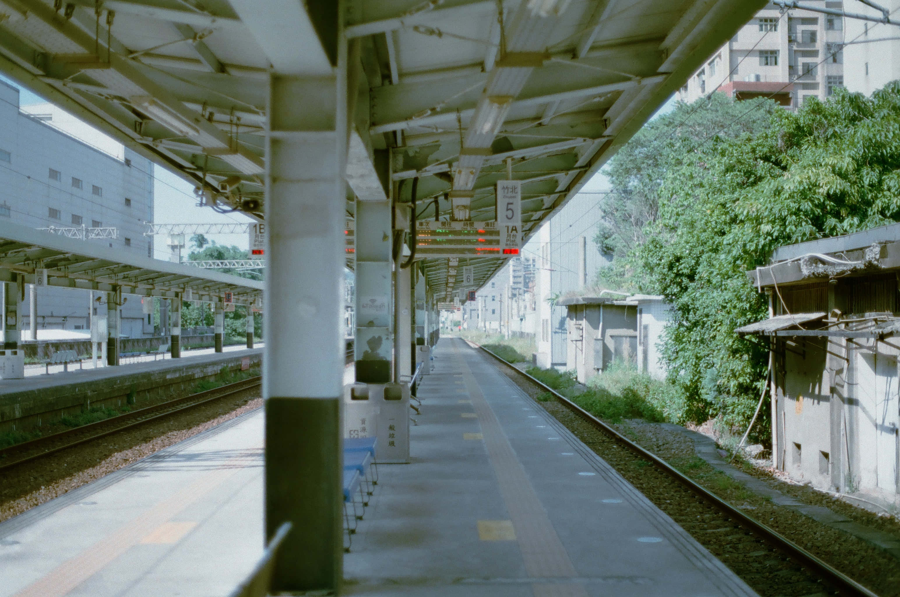 桌布 壁紙 — 一個寧靜的火車站月台，沐浴在柔和日光中，軌道旁綠樹成蔭，上方結構投下溫柔的陰影。