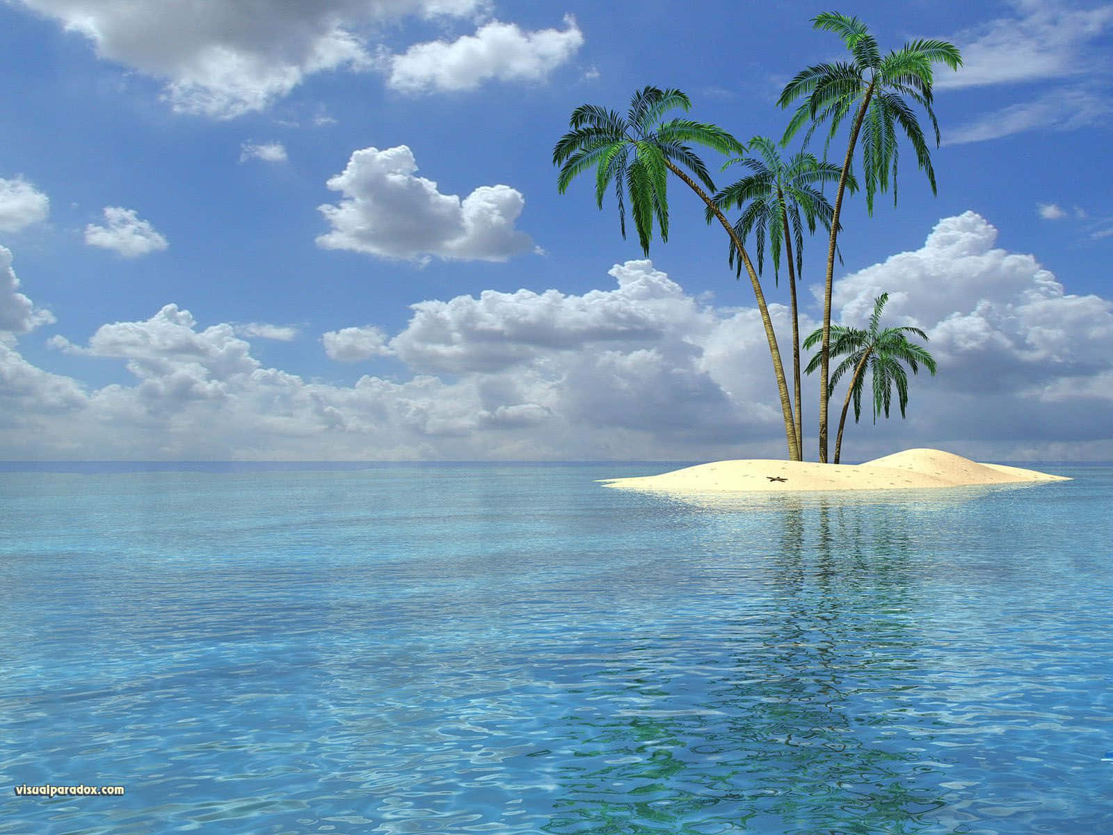 Cute Palm Tree 桌布 壁紙 — 一個寧靜的熱帶島嶼，有三棵棕櫚樹，矗立在清澈碧綠的海水中，上方是明亮的藍天和蓬鬆的白雲。