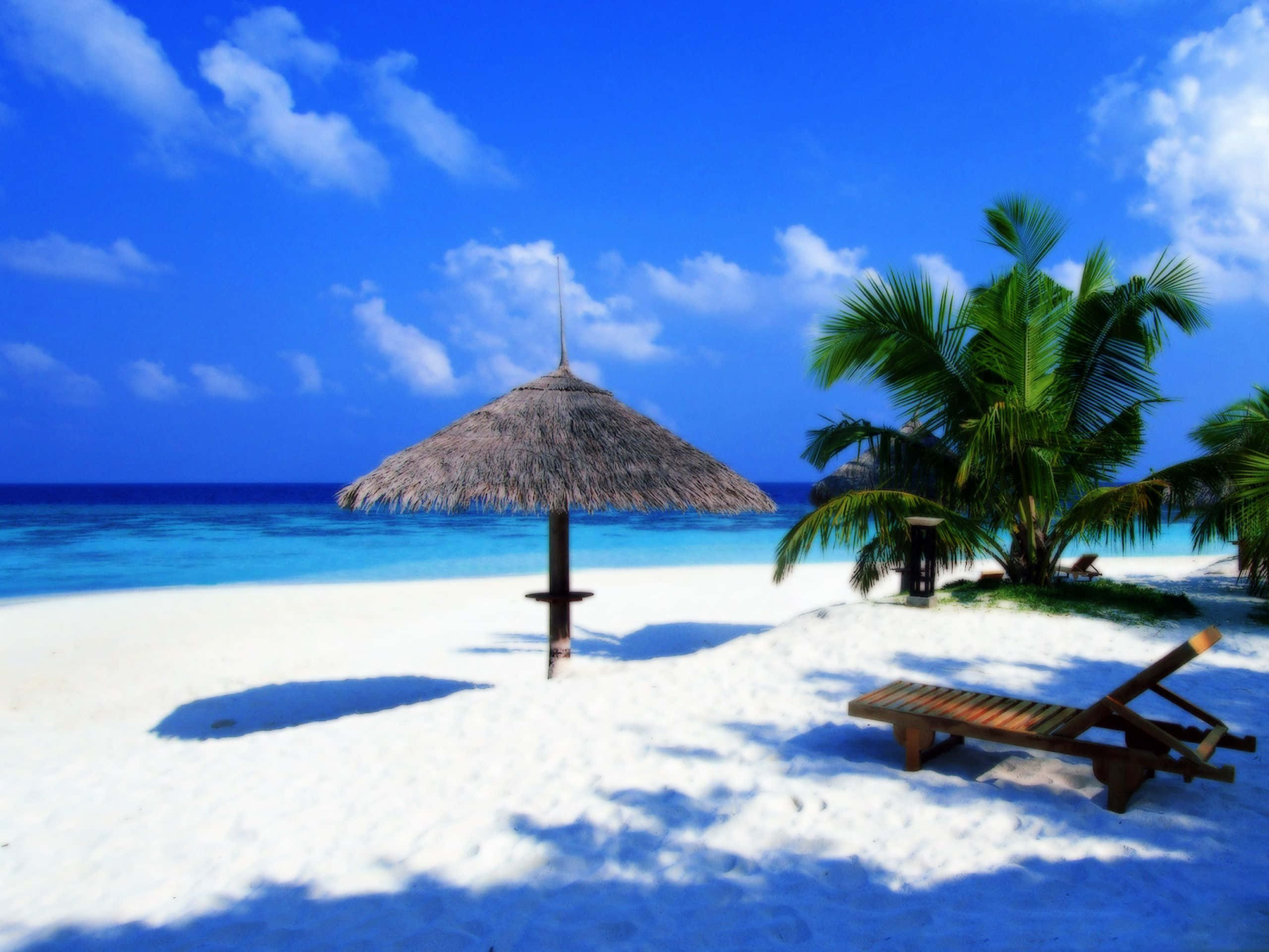 Bora Bora 桌布 壁紙 — 一個寧靜的熱帶海灘，有白色沙灘、碧綠海水，以及一個在木製躺椅旁投下陰影的茅草傘。