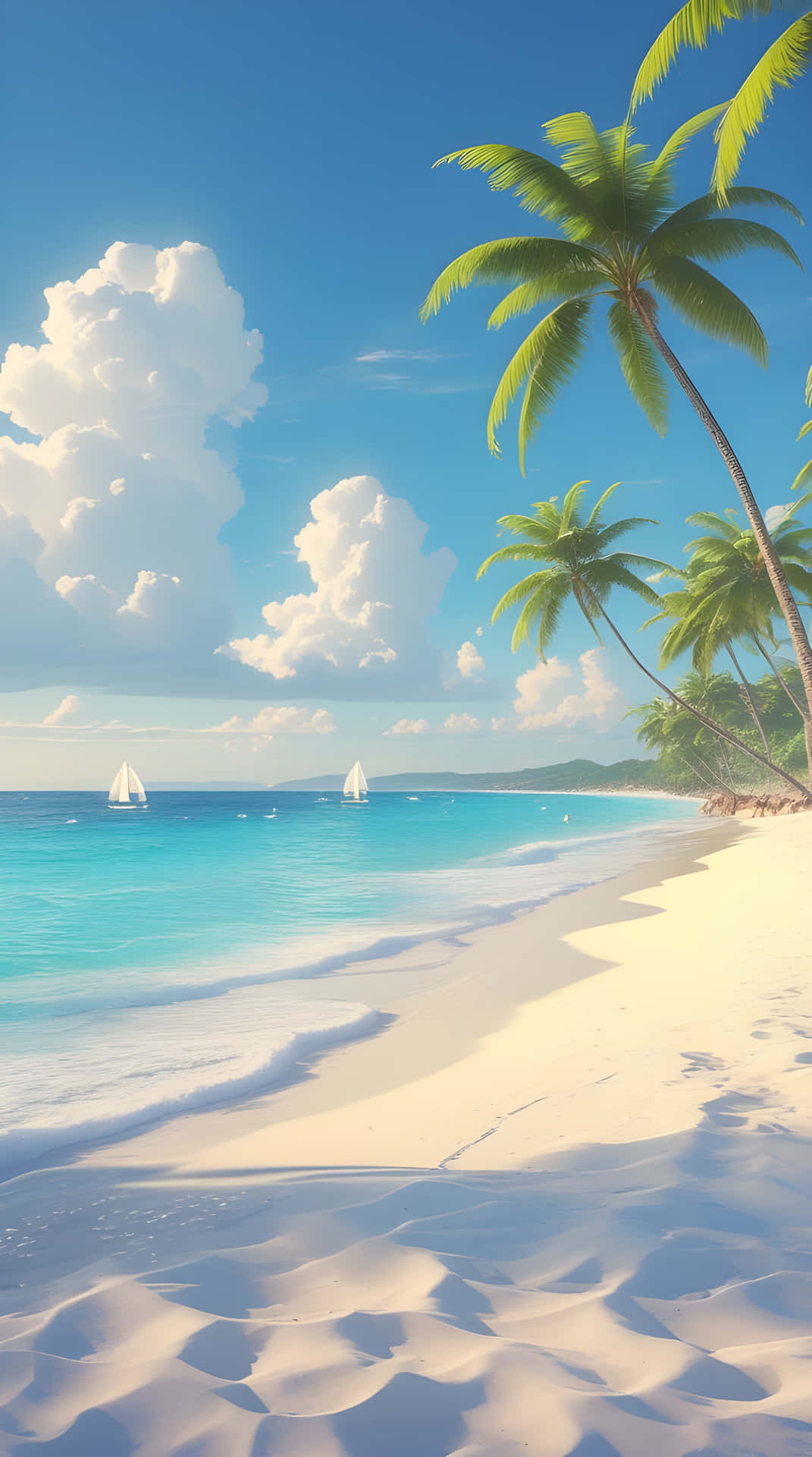Beautiful summer day in sea beach and palm tree 壁紙 — 一個寧靜的熱帶海灘，有白色沙灘、碧綠海水和棕櫚樹，在明亮的藍天下有蓬鬆的雲朵。