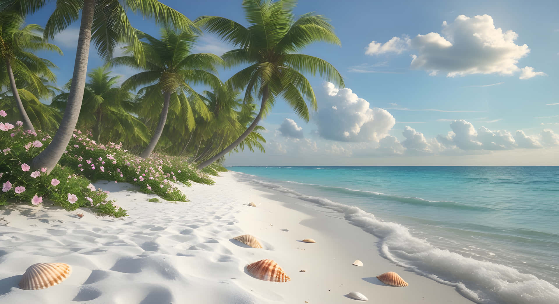 Sea beach and palm trees 壁紙 — 一個寧靜的熱帶海灘，白色沙灘上散落著貝殼，溫柔的海浪在藍天白雲下拍打，棕櫚樹傾斜在粉紅色開花的灌木叢上。