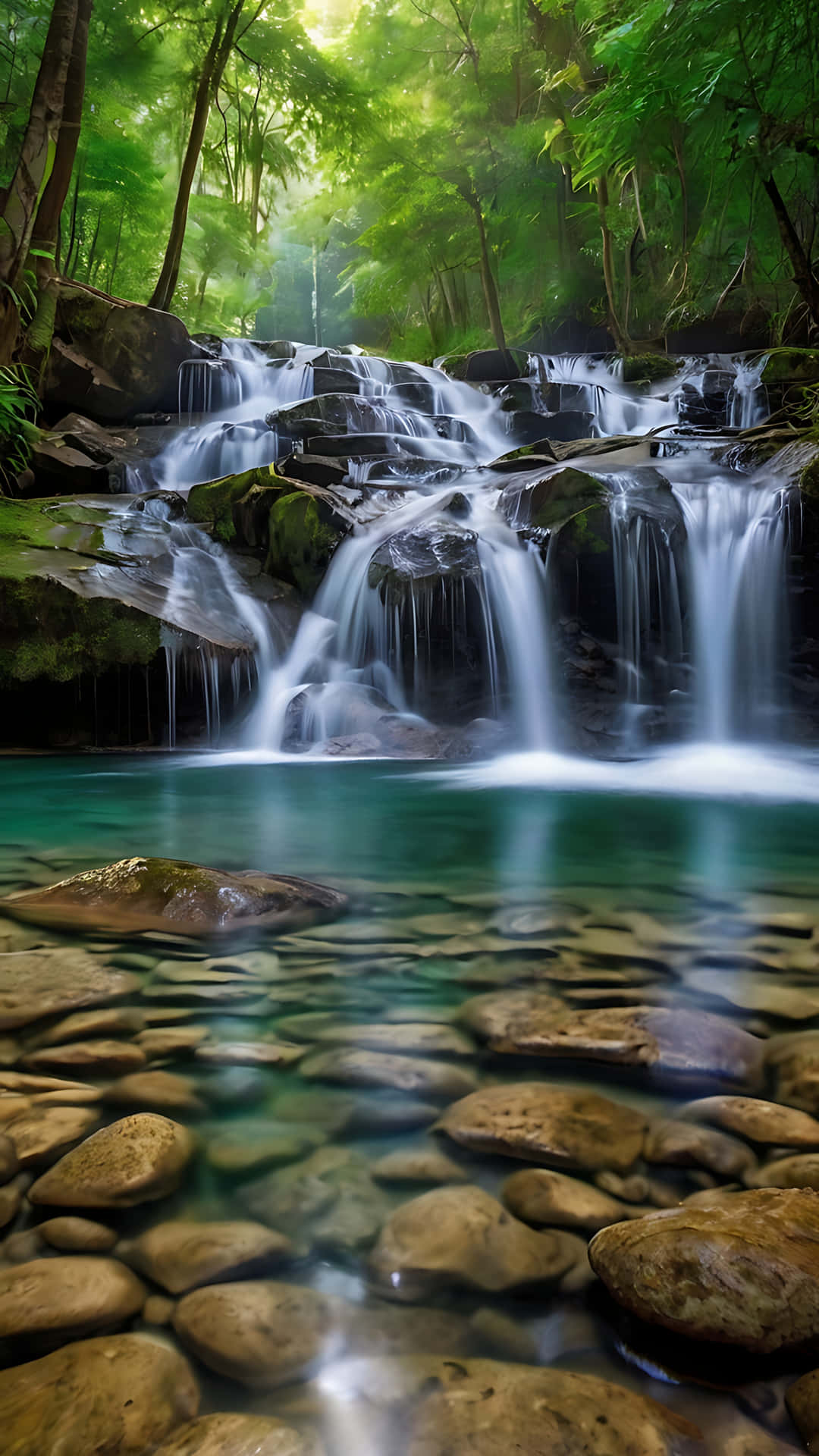Pristine Waterfall Tranquility in Nature’s Heart. smartphone wallpaper 壁紙 — 一個寧靜的熱帶瀑布從長滿苔蘚的岩石上傾瀉而下，流入清澈的藍綠色水池，四周環繞著茂密的綠色叢林。