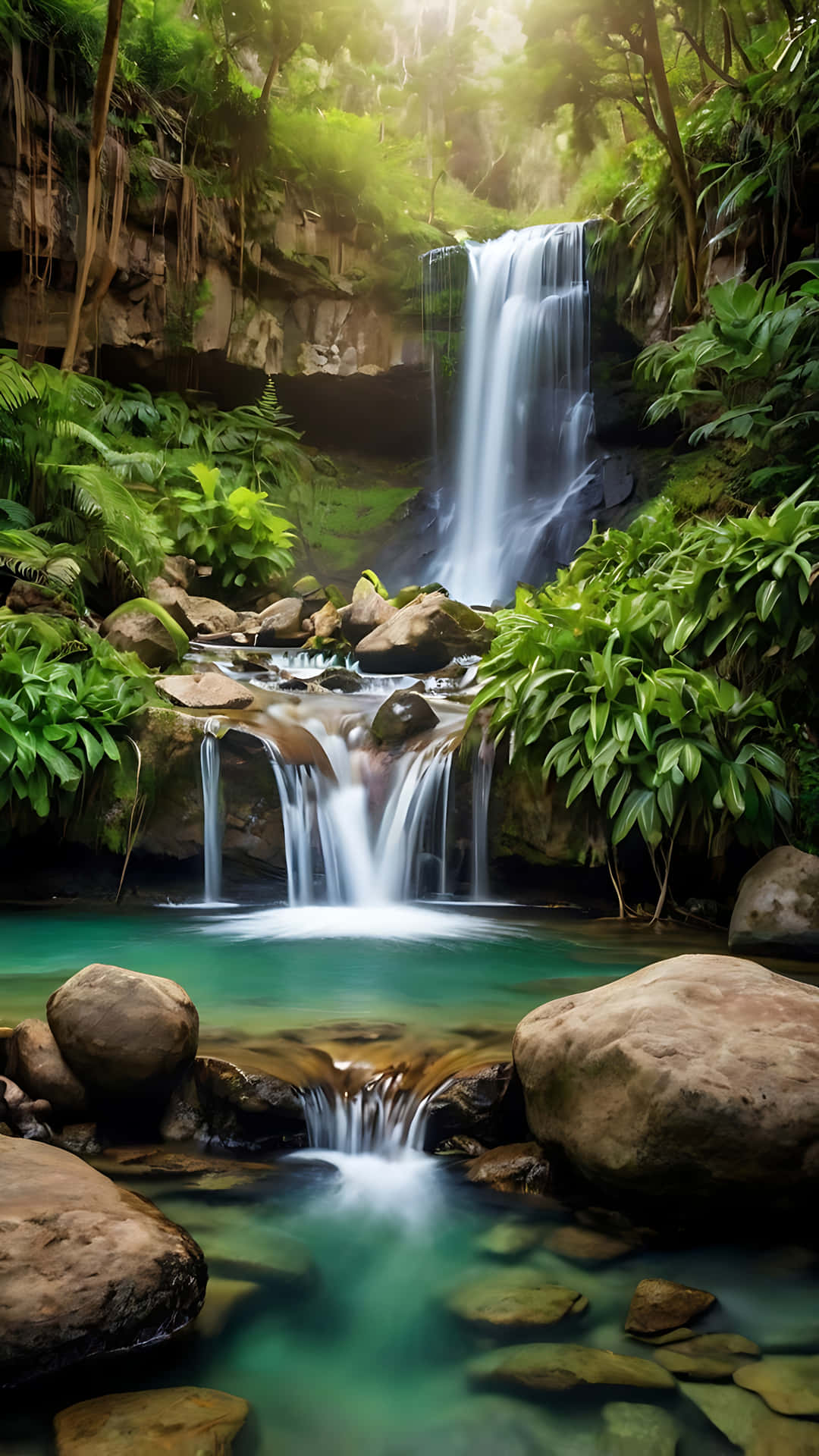 Enchanting Waterfall Retreat in Nature's Lap. smartphone wallpaper 壁紙 — 一個寧靜的熱帶瀑布流過長滿苔蘚的岩石，落入一個被茂密綠葉環繞的碧綠水池。