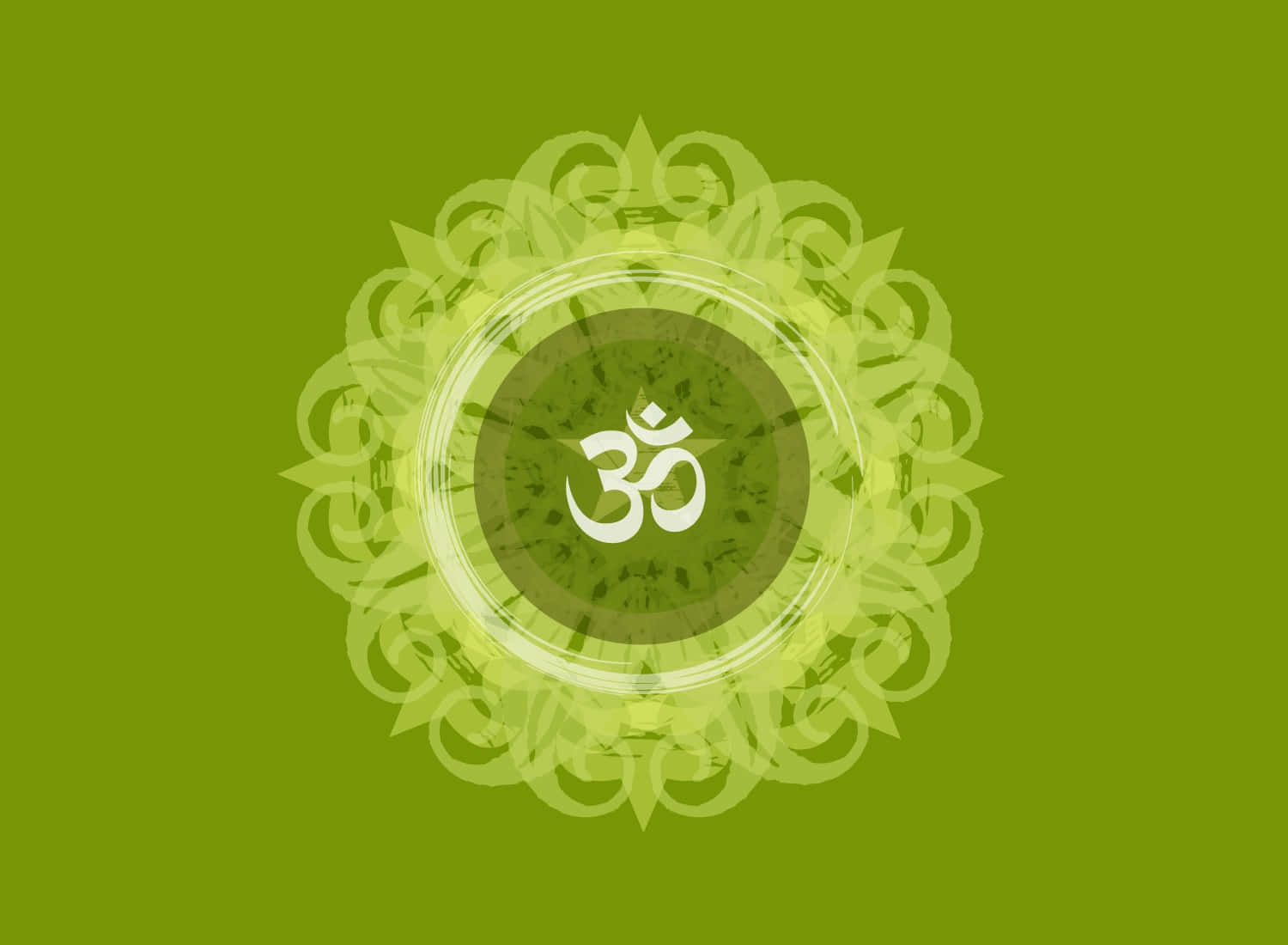 嗡 桌布 壁紙 — 一個寧靜的白色 Om 符號，位於發光的綠色曼陀羅中央，背景為純橄欖綠色。
