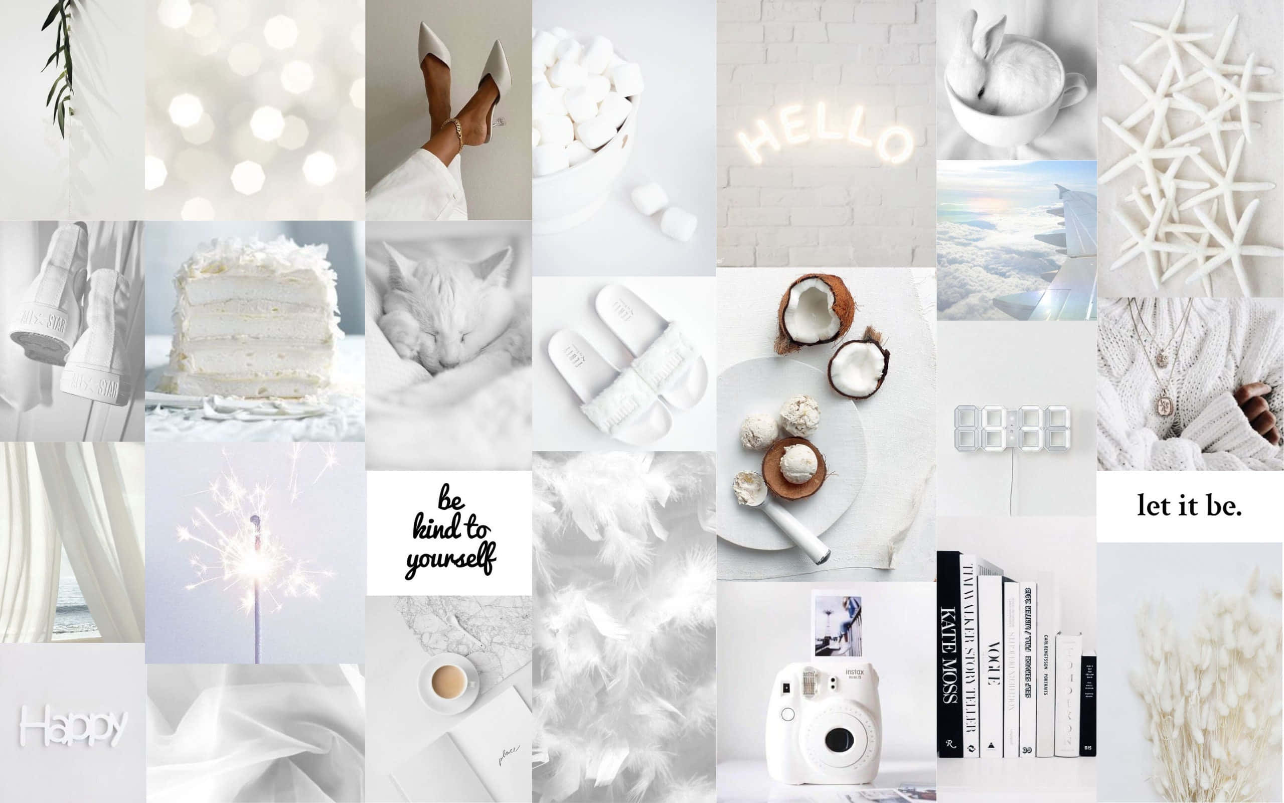 White Aesthetic Laptop 桌布 壁紙 — 一個寧靜的白色主題拼貼畫，包含舒適的元素，如睡覺的貓、蛋糕、煙火和勵志名言，採用極簡風格。